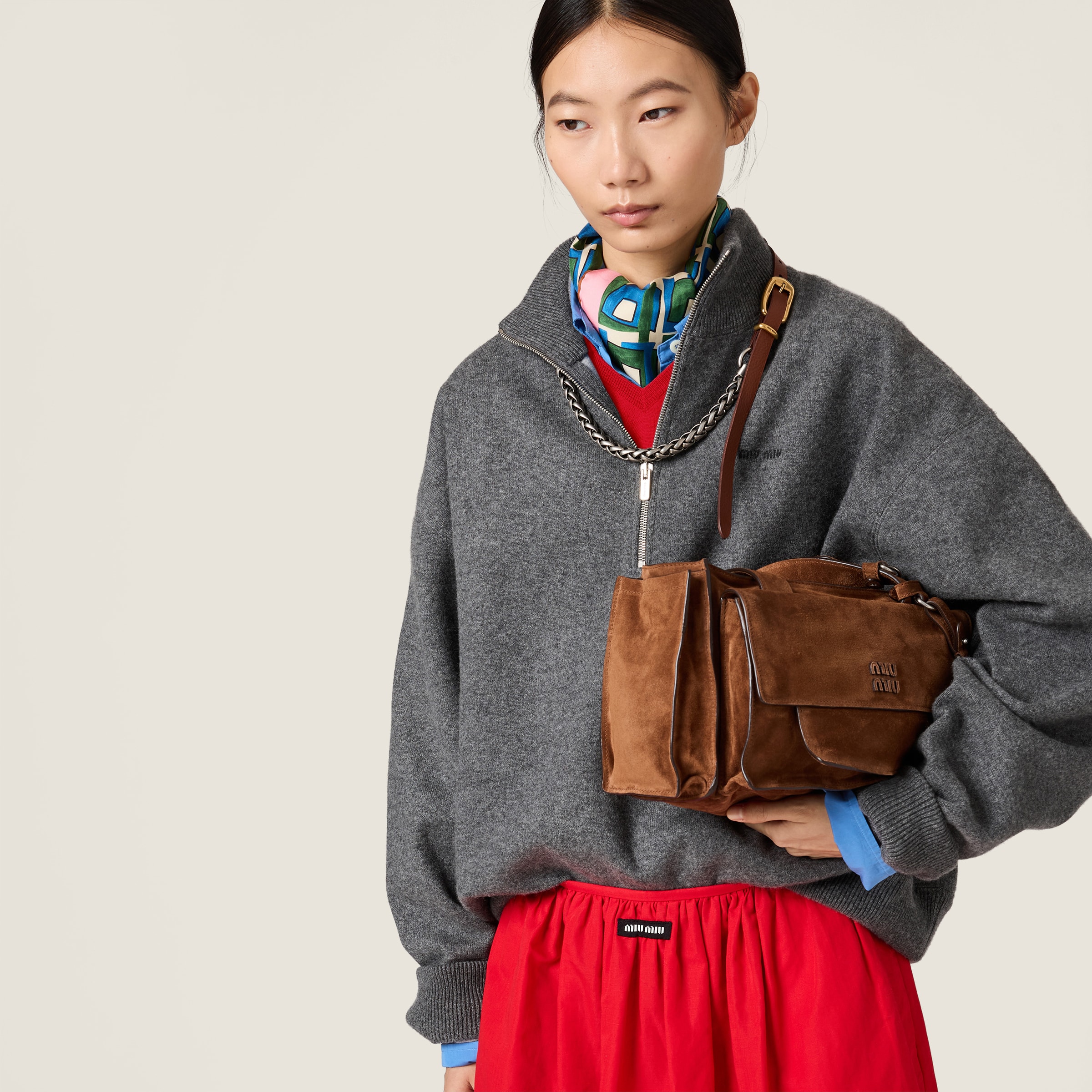 Slate Gray Cashmere And Jersey Zipper Sweater | Miu Miu