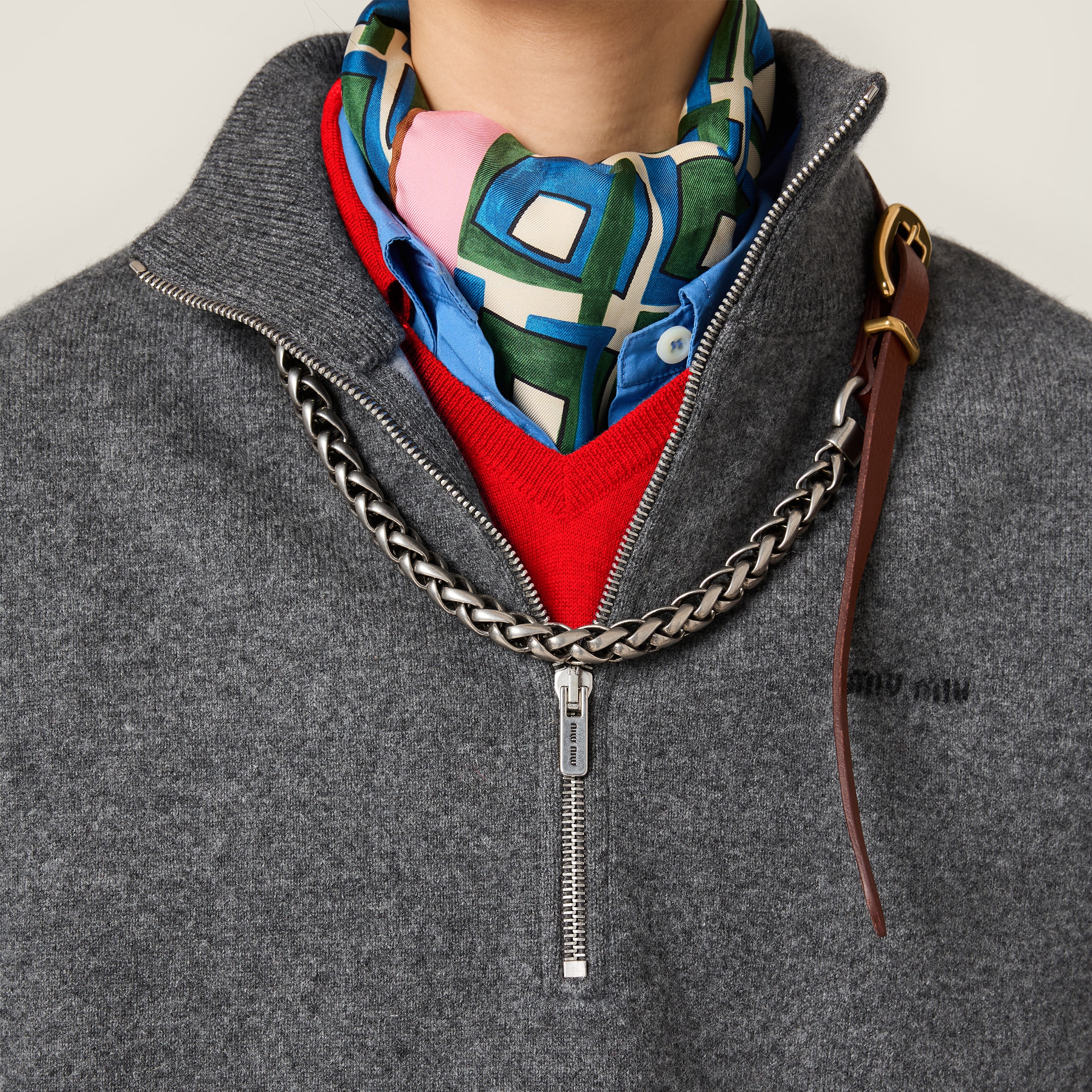 Slate Gray Cashmere And Jersey Zipper Sweater | Miu Miu - United