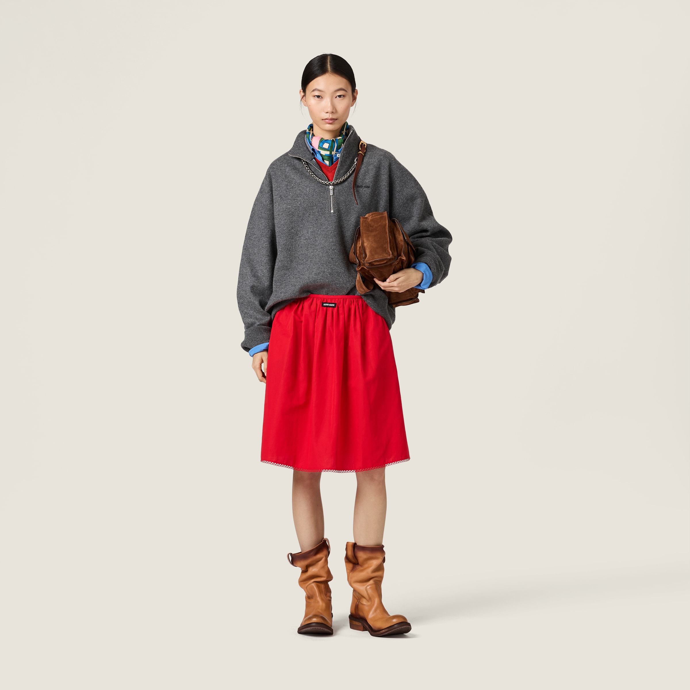 Slate Gray Cashmere And Jersey Zipper Sweater | Miu Miu - United