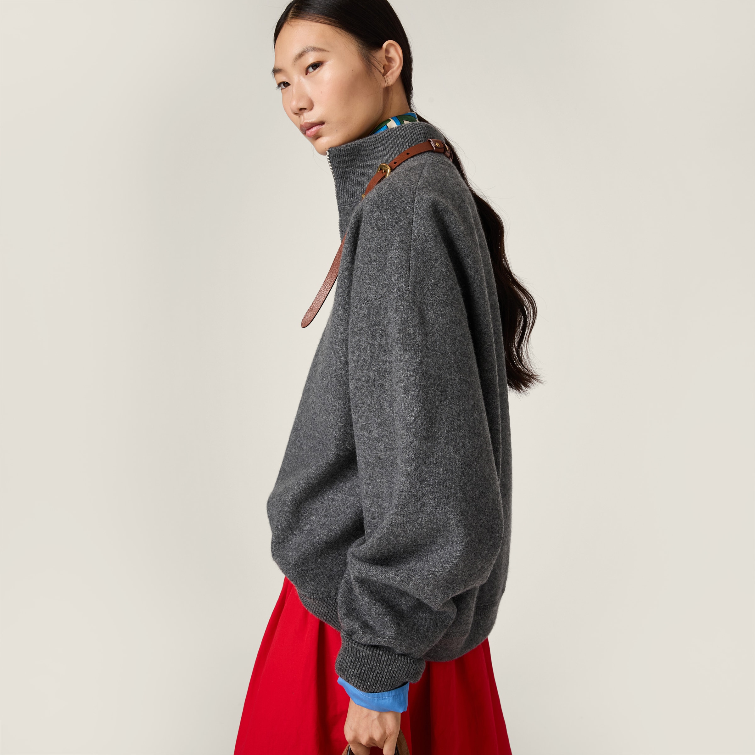Slate Gray Cashmere And Jersey Zipper Sweater | Miu Miu - United