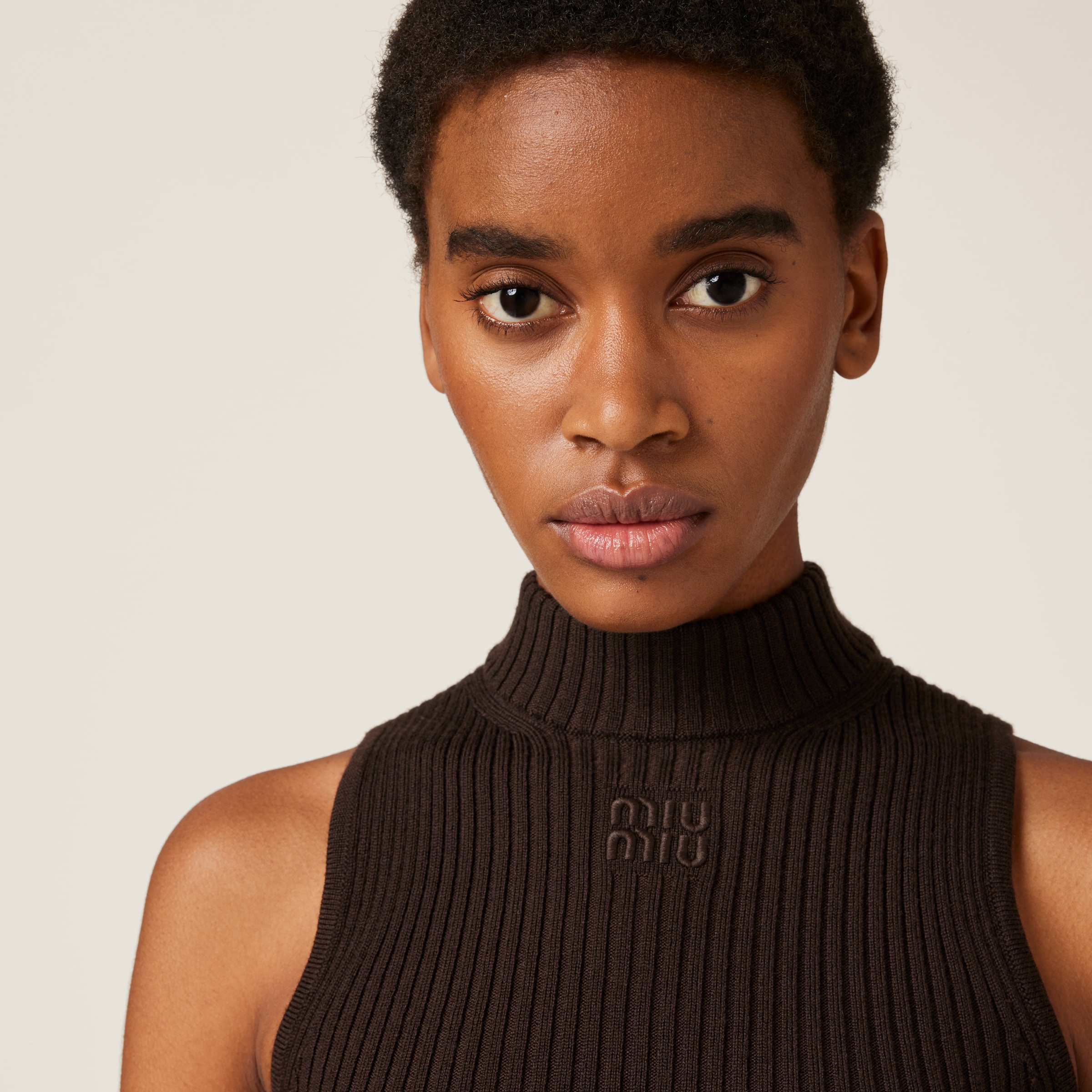 Miu Miu Ribbed Knit Wool Turtleneck Top In Cocoa Brown