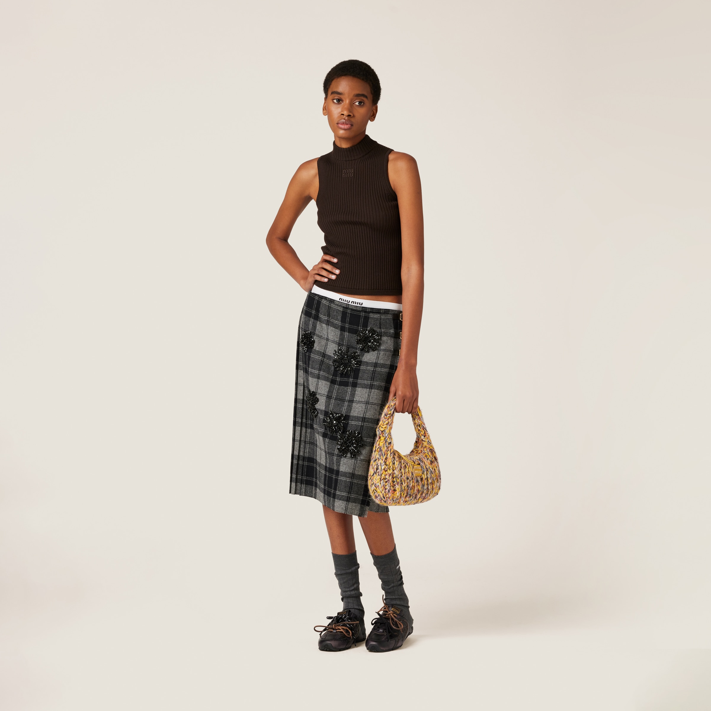 Miu Miu Ribbed Knit Wool Turtleneck Top In Cocoa Brown