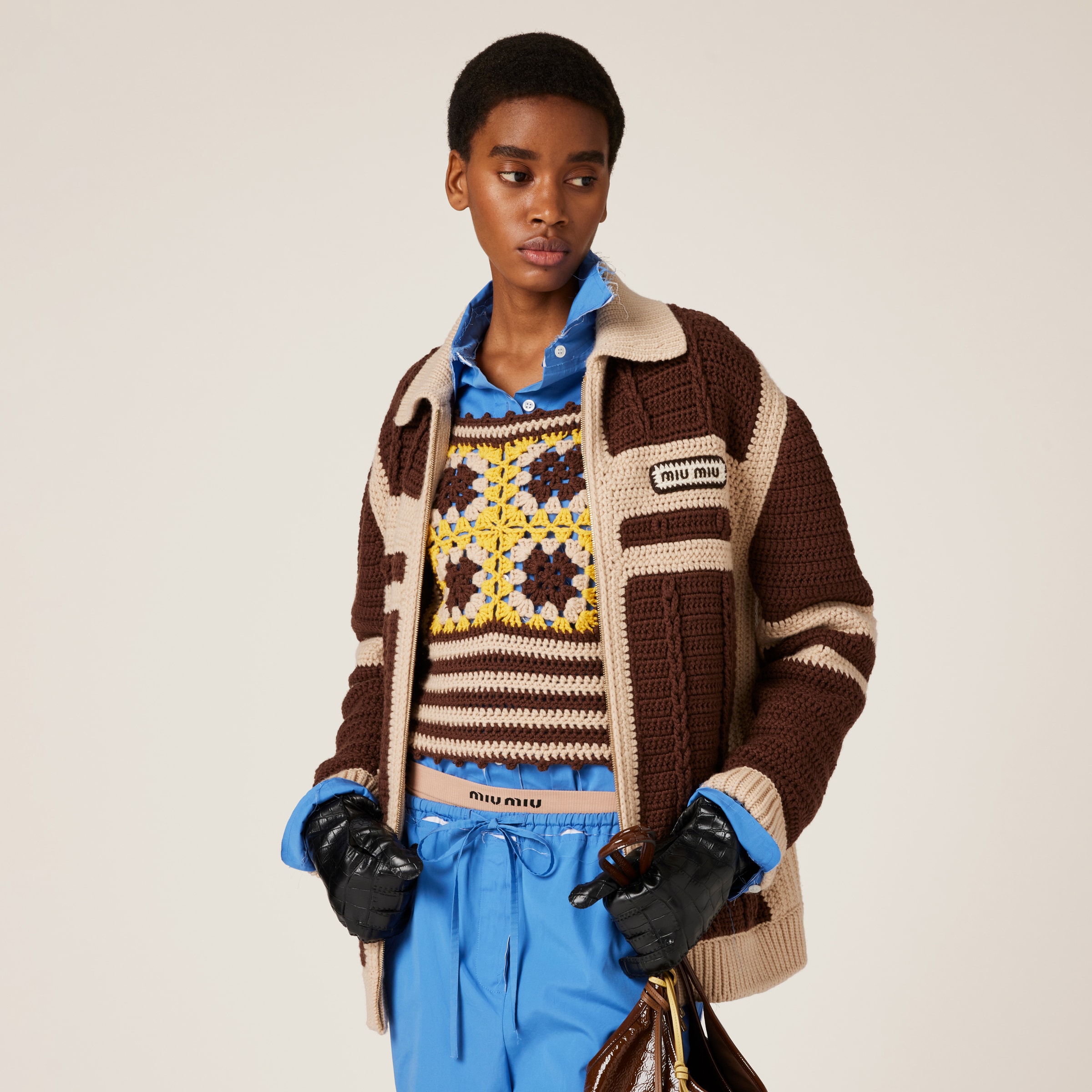 Miu Miu Crochet Cashmere Top In Cocoa Brown