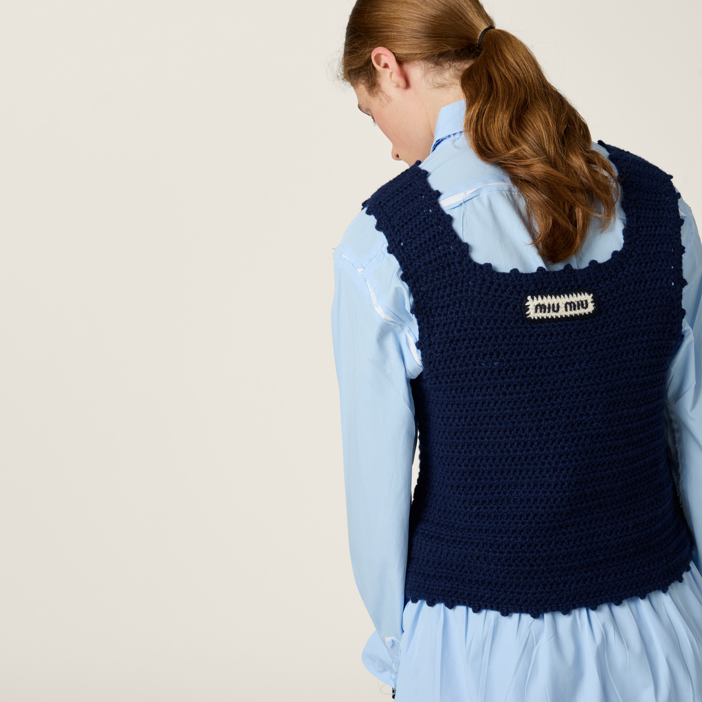 Miu Miu Crochet Cashmere Top In Navy