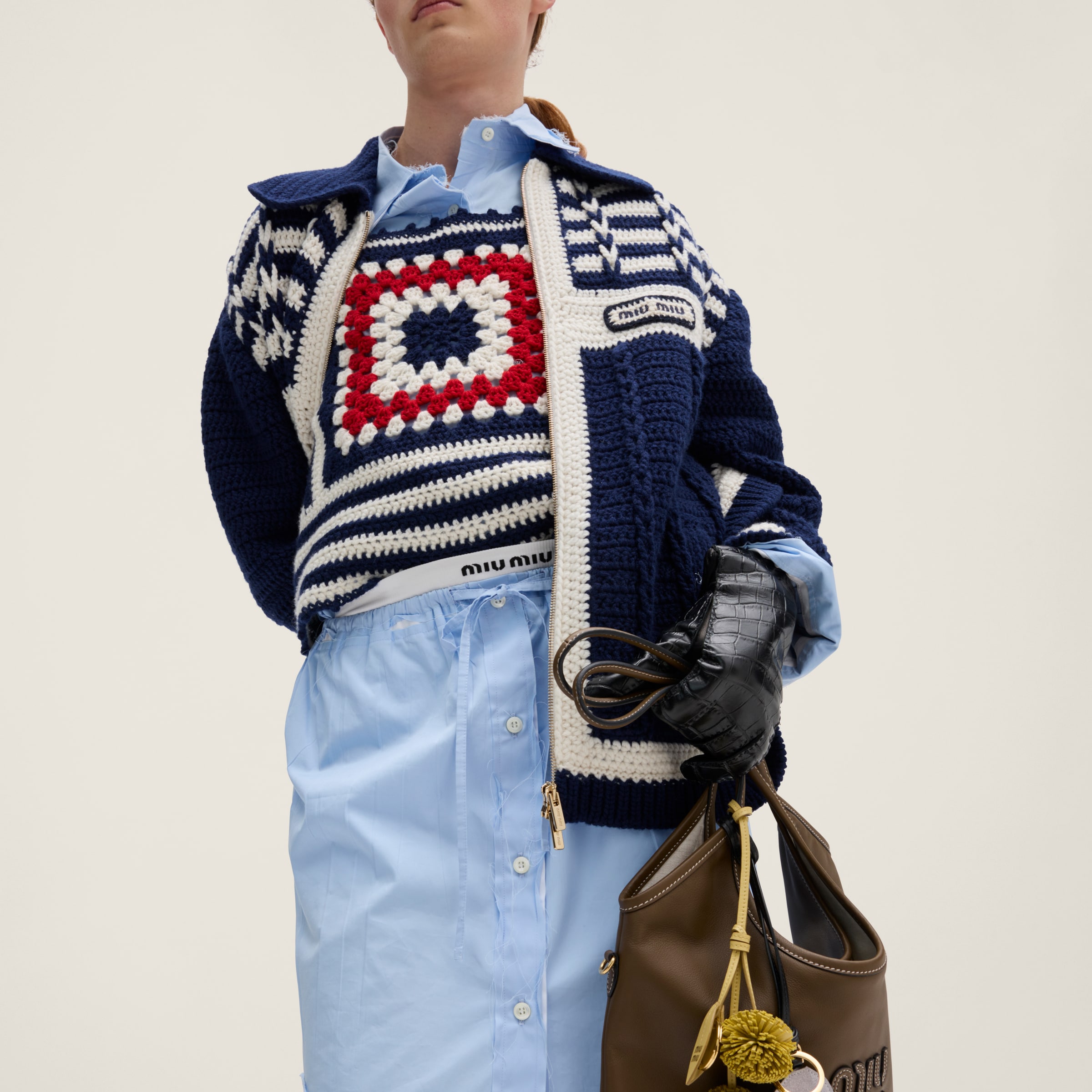 Miu Miu Crochet Cashmere Top In Navy