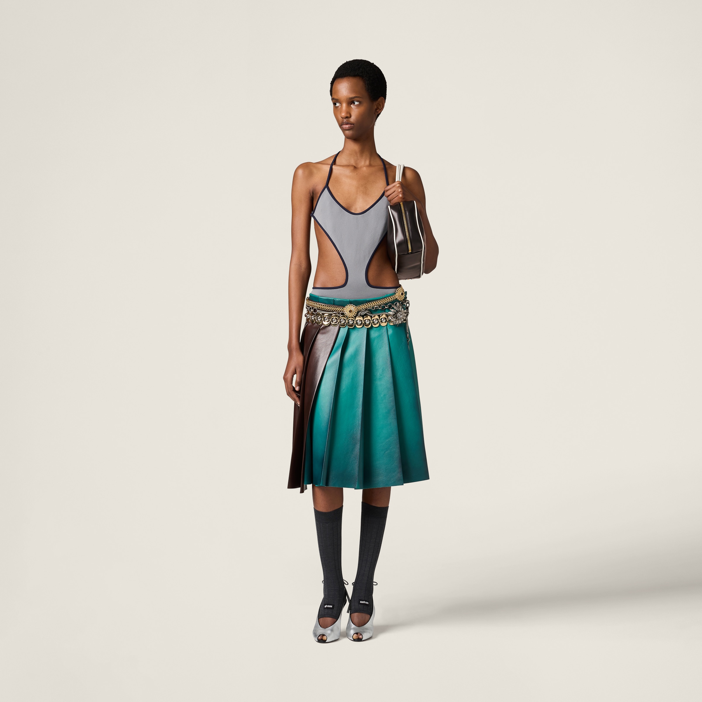Miu Miu Technical Knit Swimsuit In Grey+blue