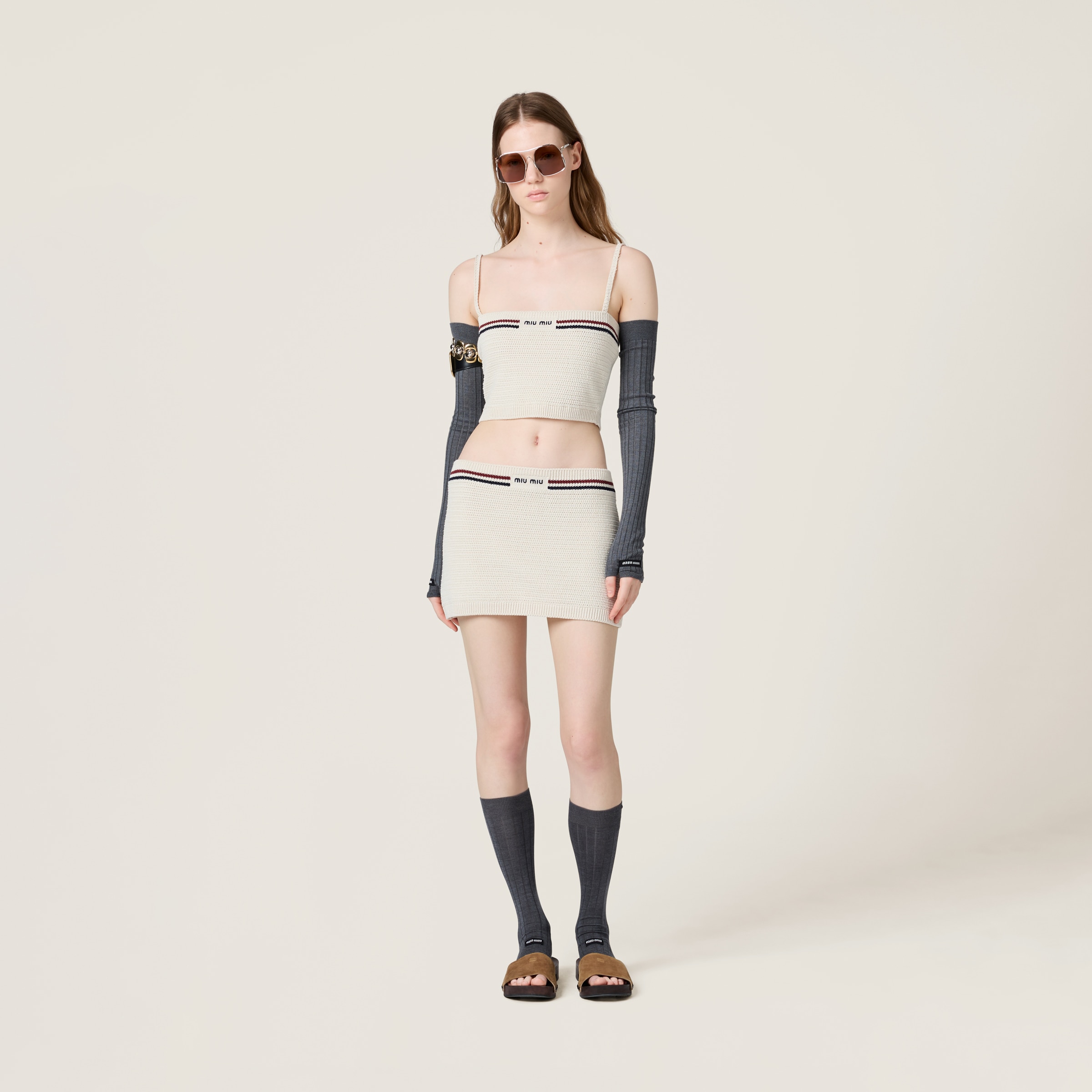 Miu Miu Cropped Textured Knit Top With Contrasting Stripes In White