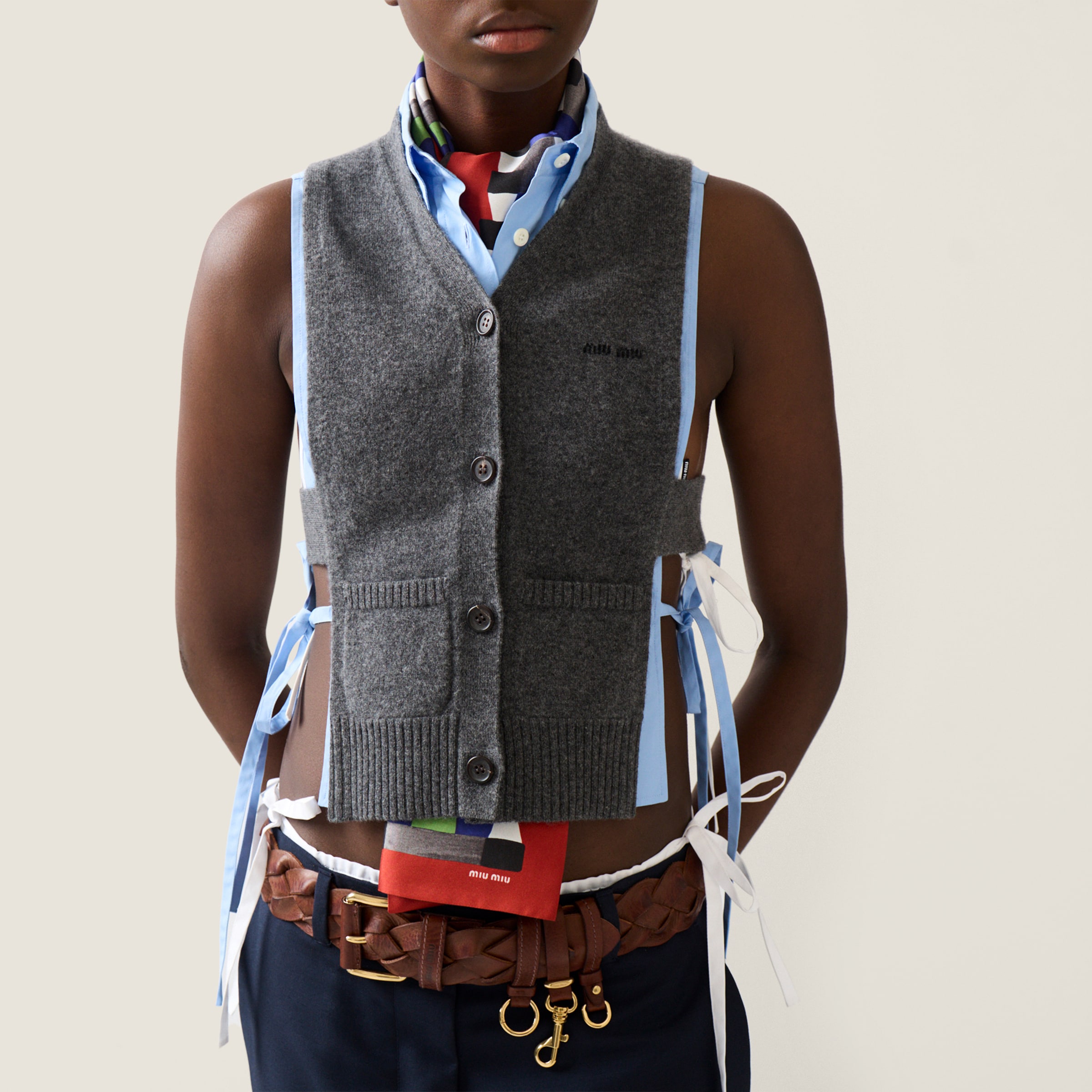 Slate Gray Cashmere Cardigan Vest | Miu Miu