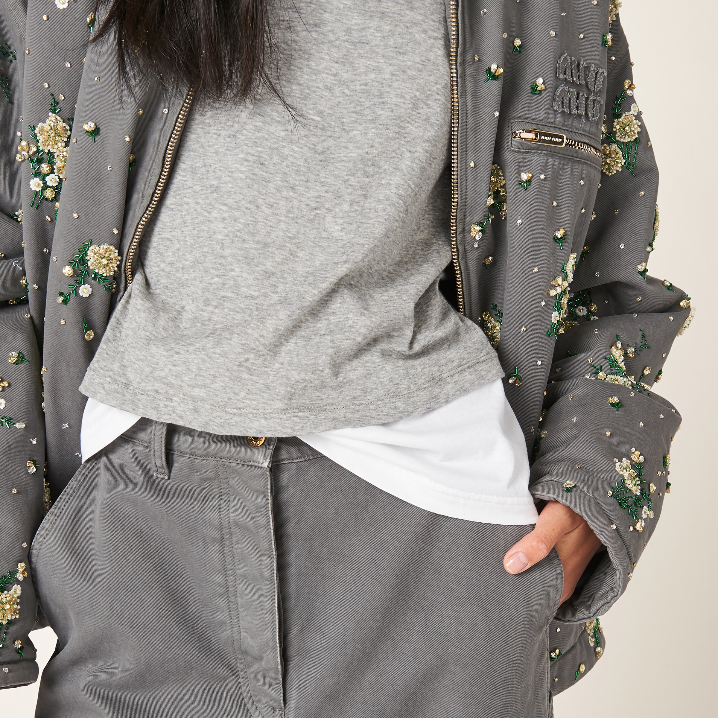 【日本入手困難】Garment-dyed gabardine pants ボトムス Iron Gray Garment-dyed Gabardine Pants | Miu Miu