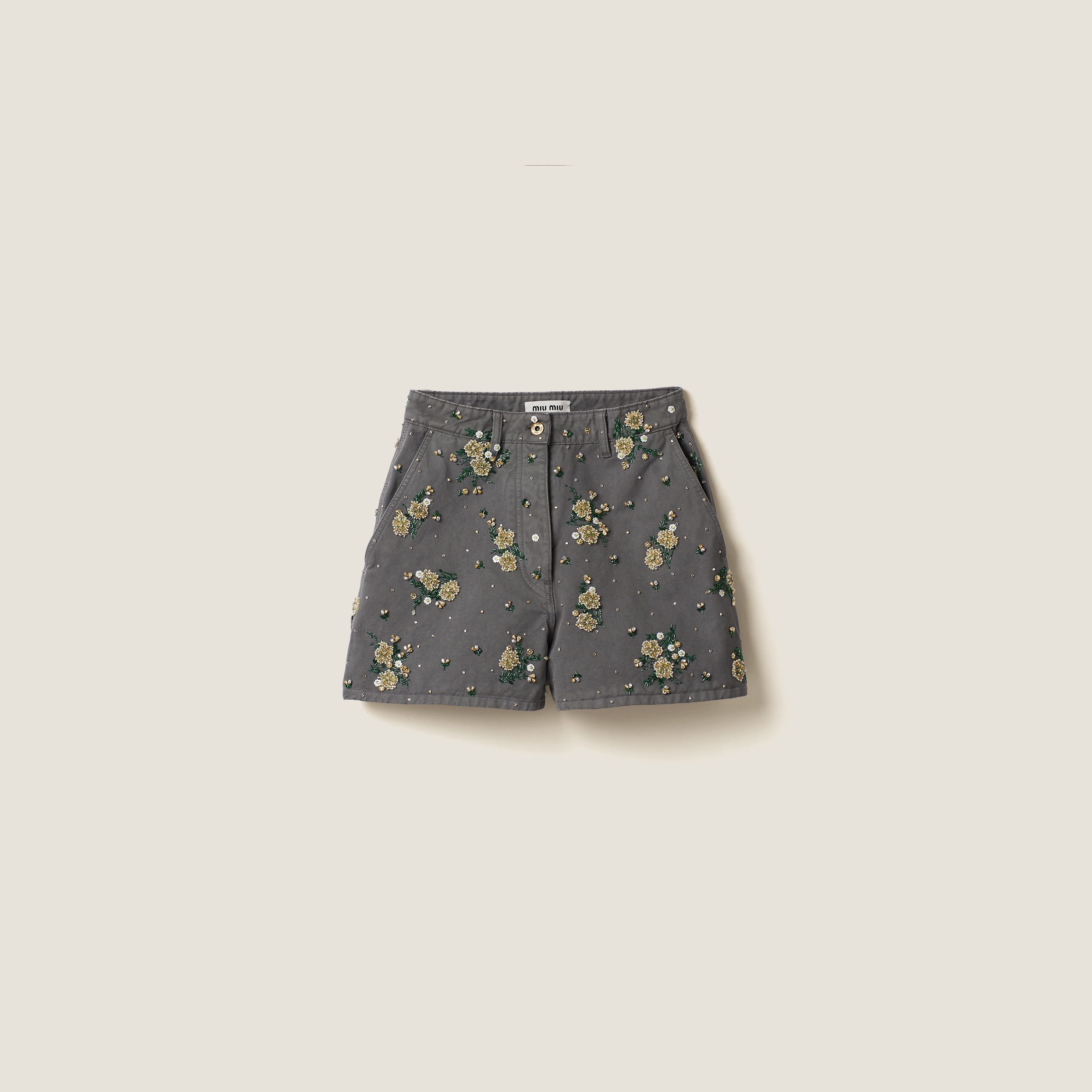 Miu Miu Floral-embellished Bermuda Shorts In Iron Gray