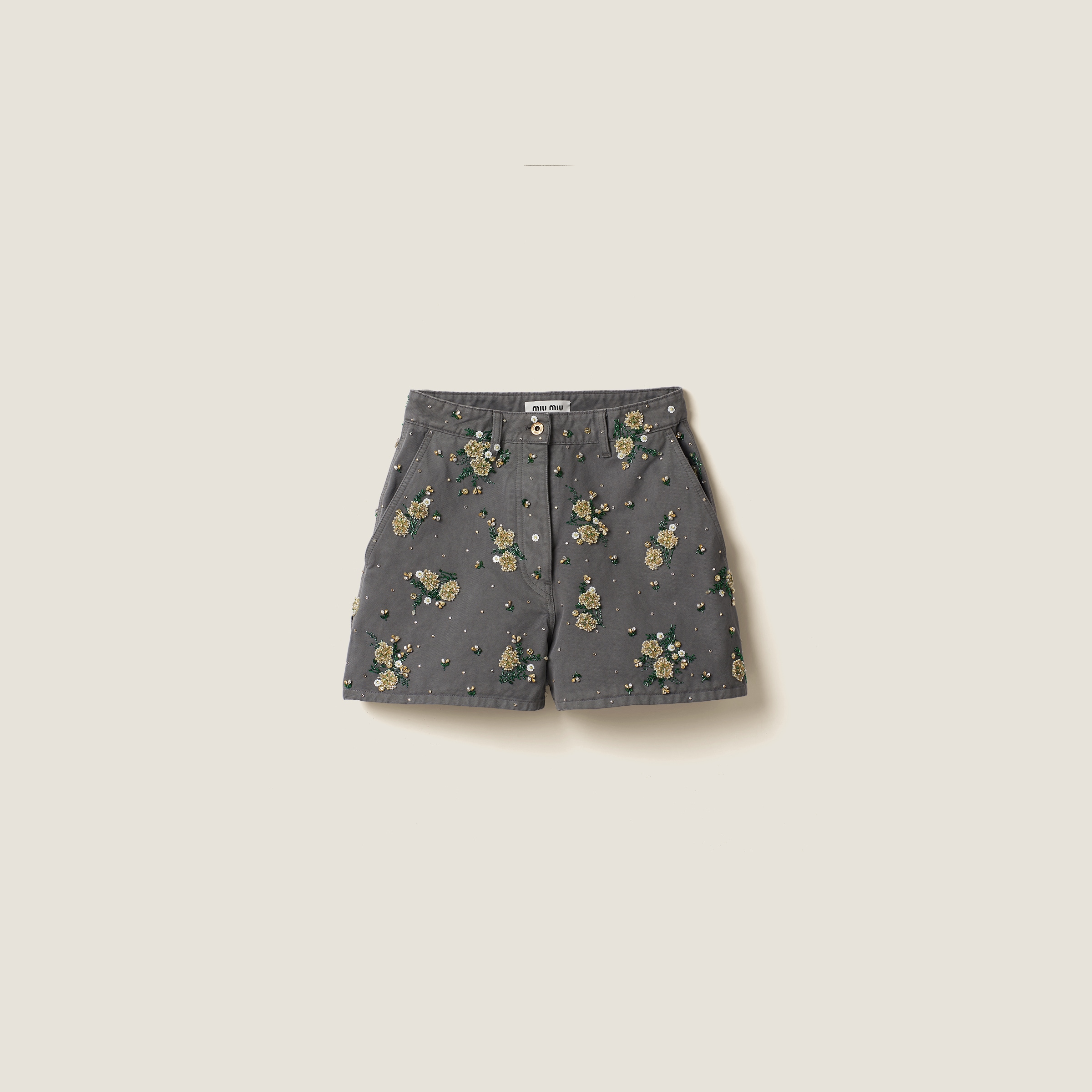 Miu Miu Floral-embellished Bermuda Shorts In Grey