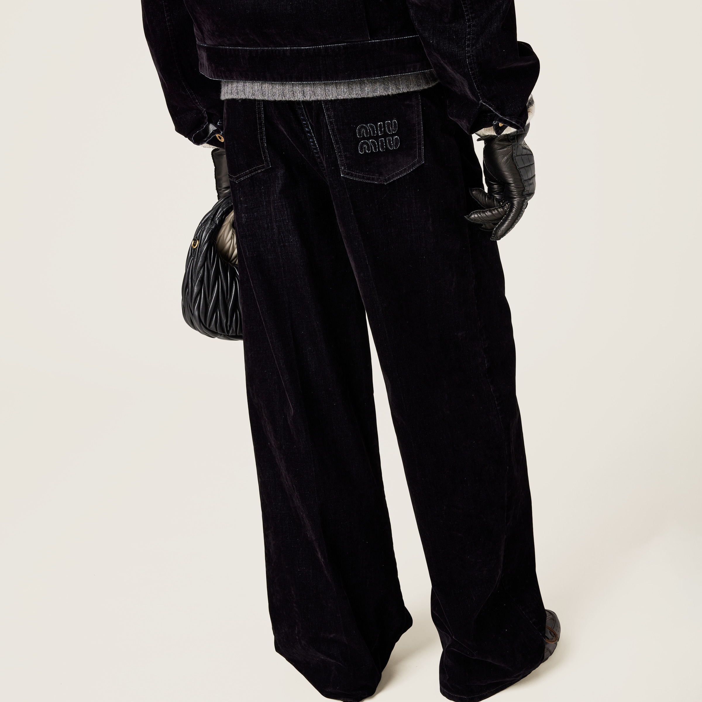 Miu Miu Washed Flocked Chambray Pants In Black
