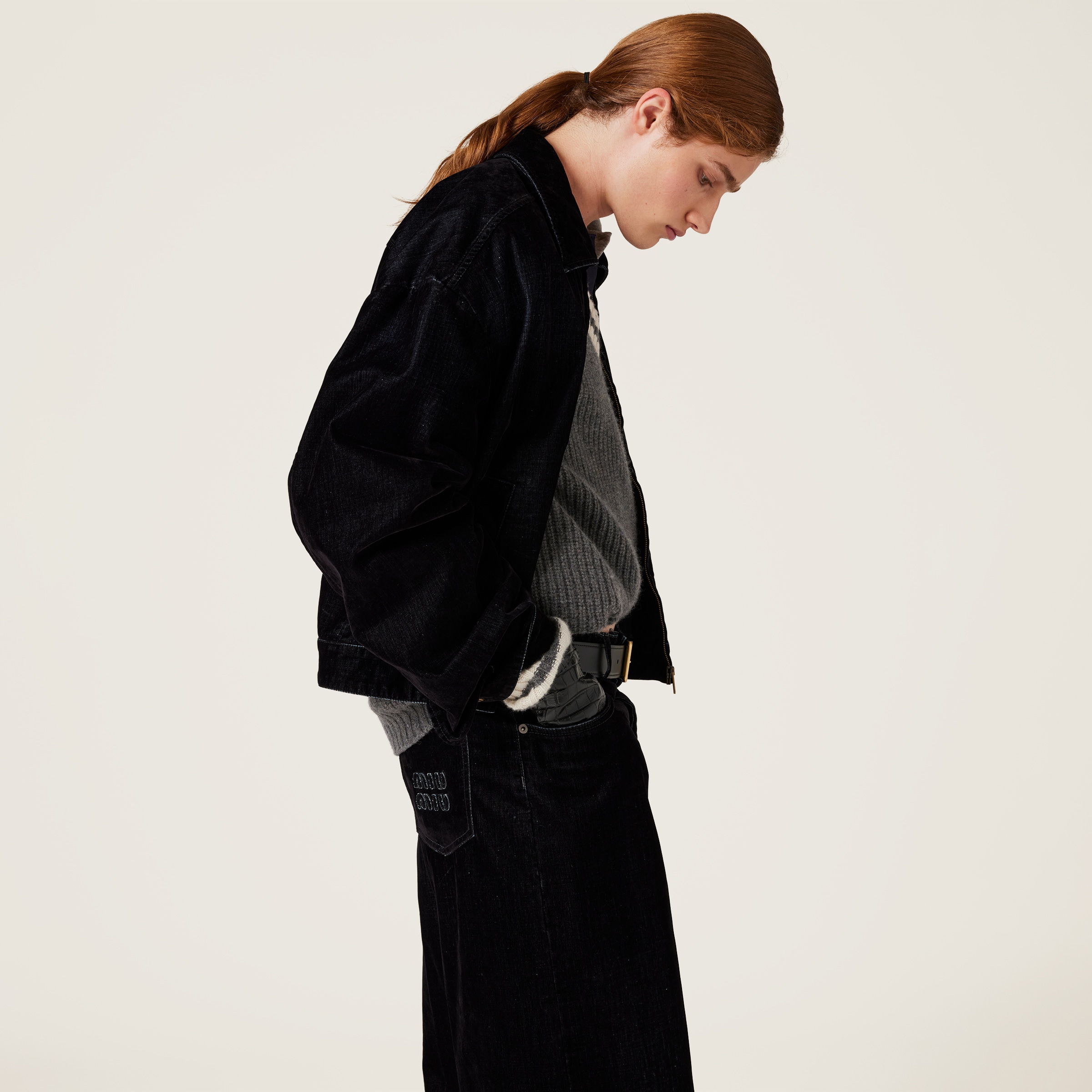 Miu Miu Washed Flocked Chambray Pants In Black