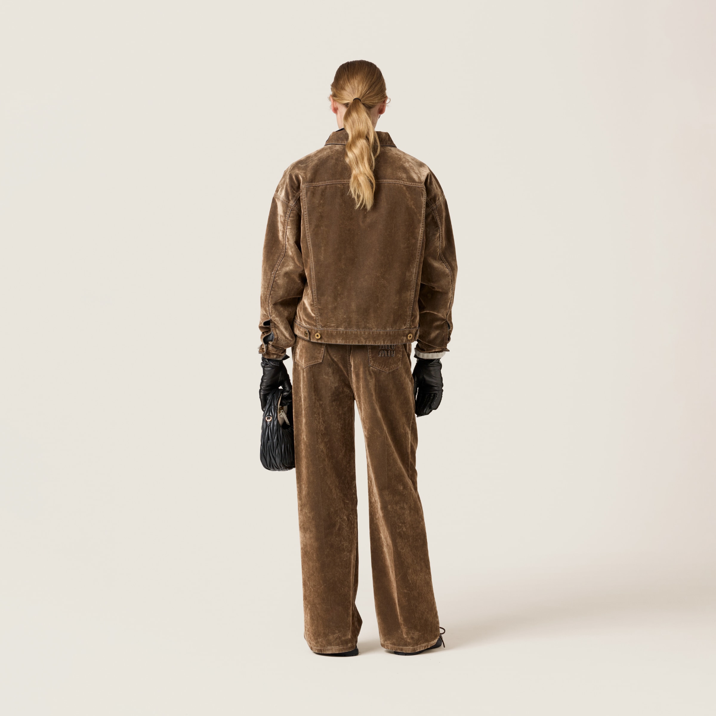 Miu Miu Washed Flocked Chambray Pants In Tobacco