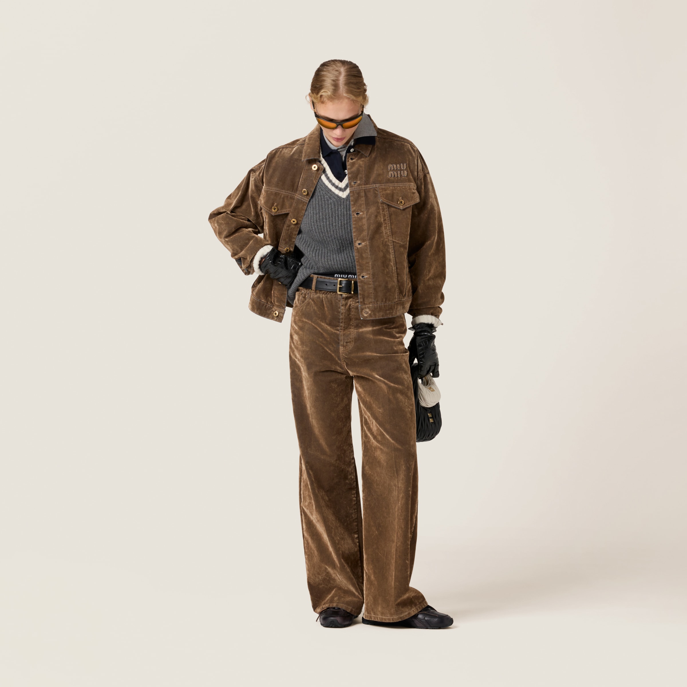 Miu Miu Washed Flocked Chambray Pants In Tobacco