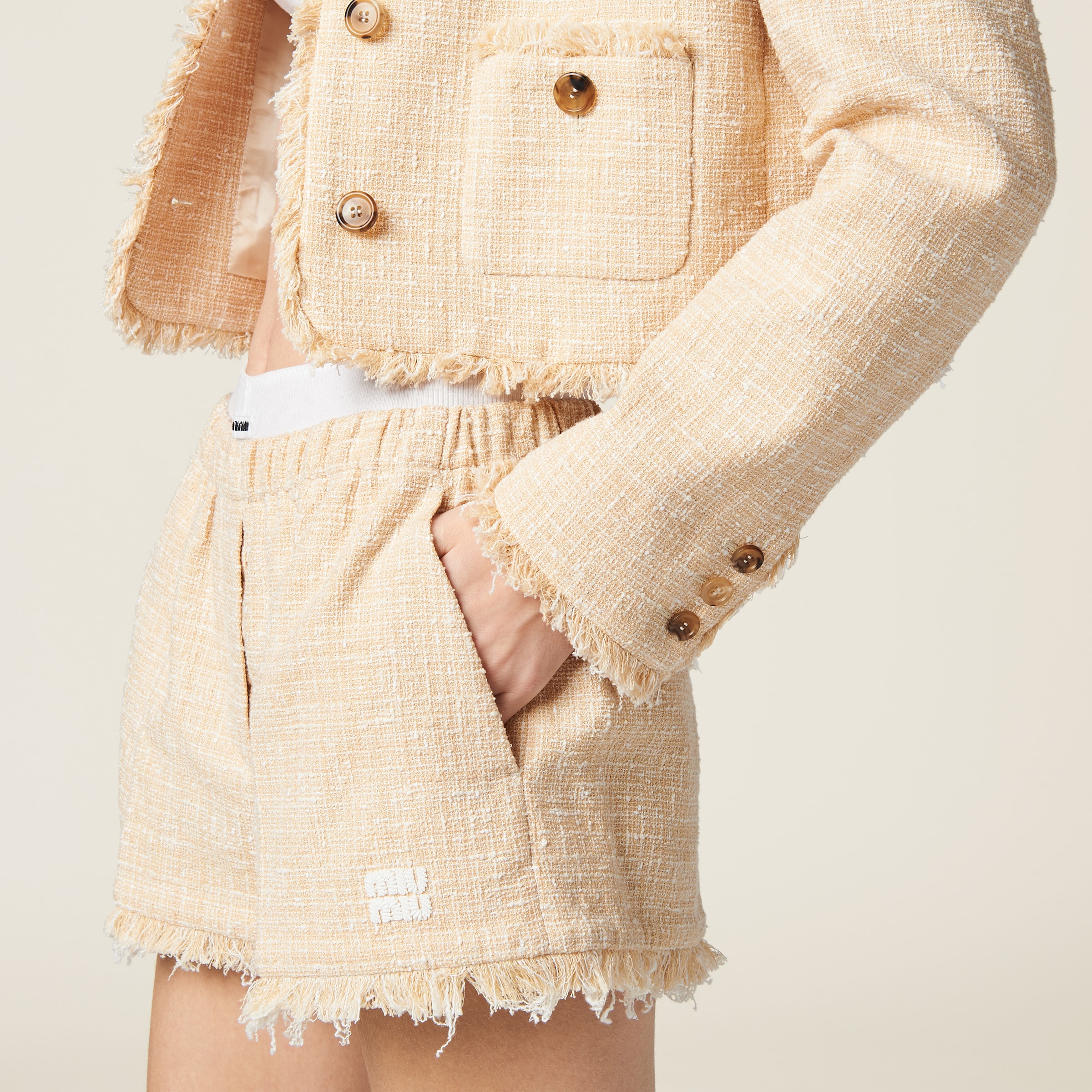 Shop Miumiu Tweed Shorts In Vanilla