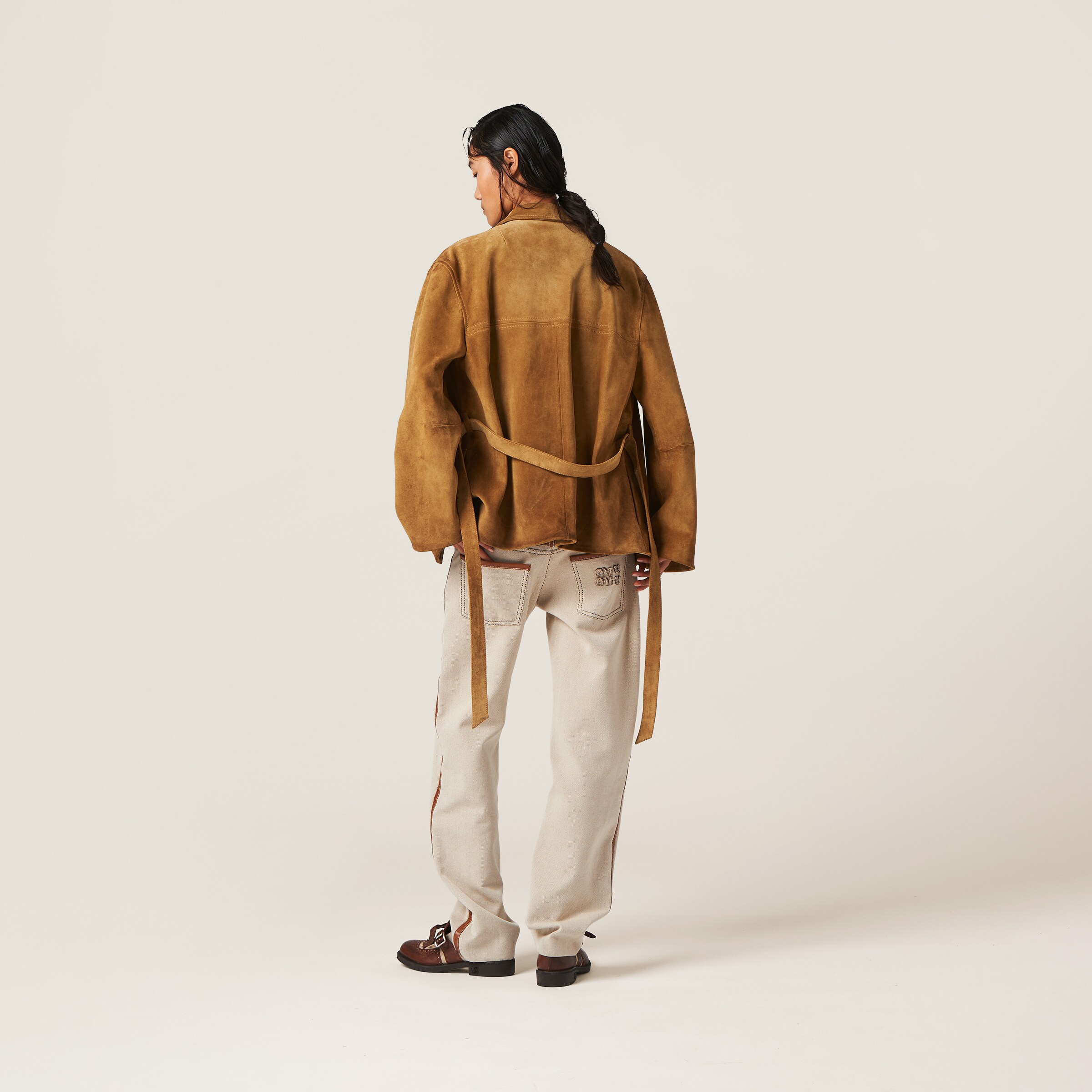 Shop Miumiu Canvas Pants In Beige/cognac