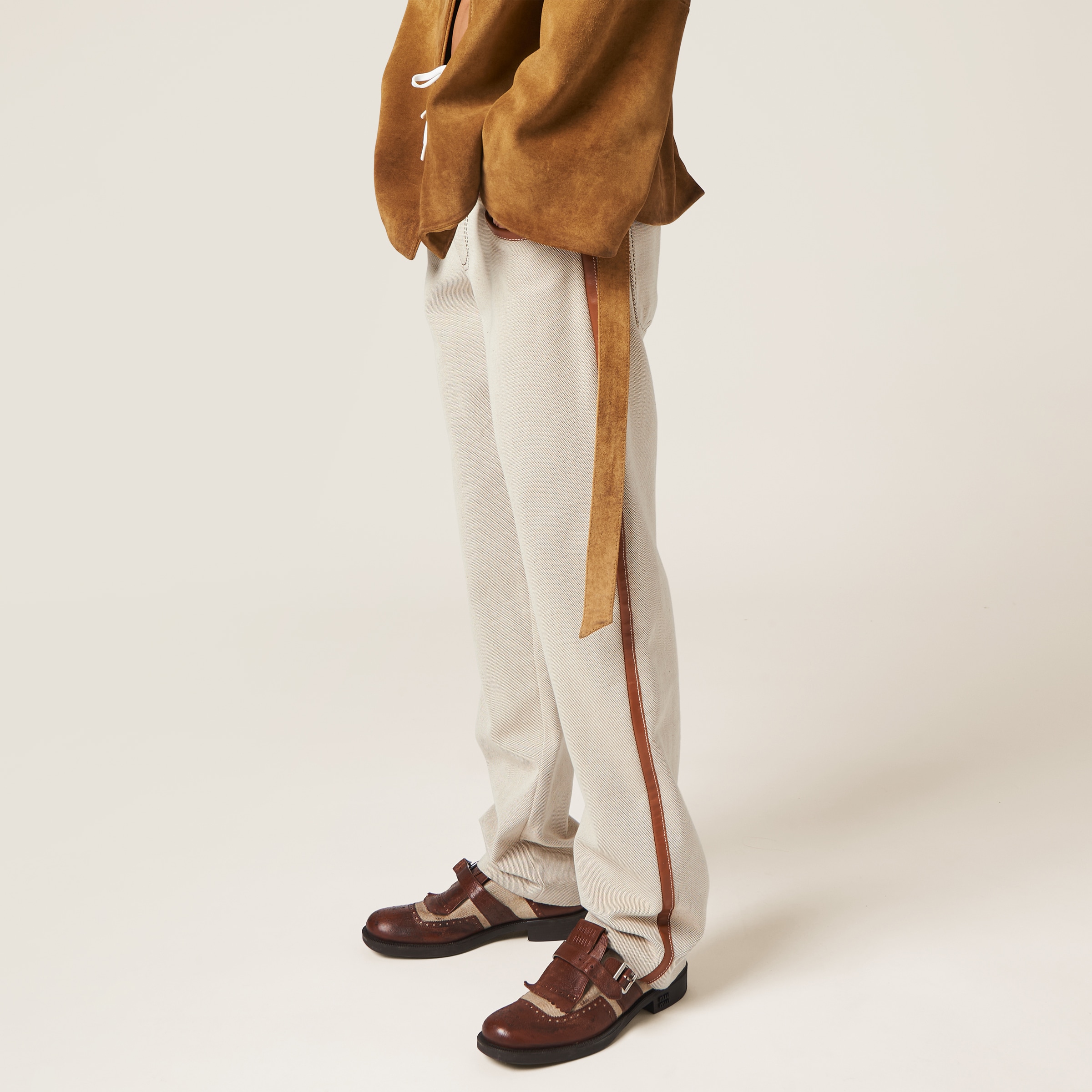 Shop Miumiu Canvas Pants In Beige/cognac