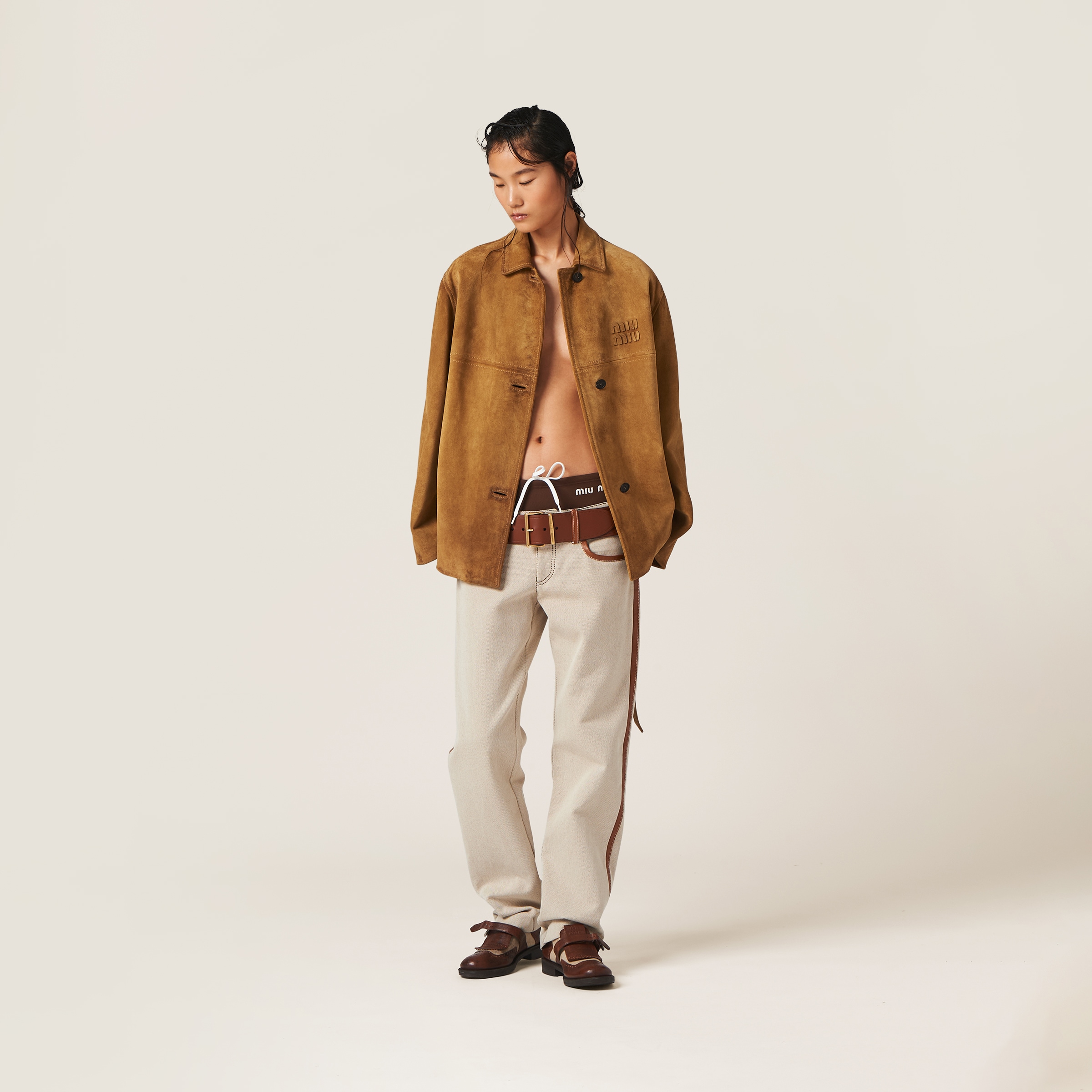 Shop Miumiu Canvas Pants In Beige/cognac