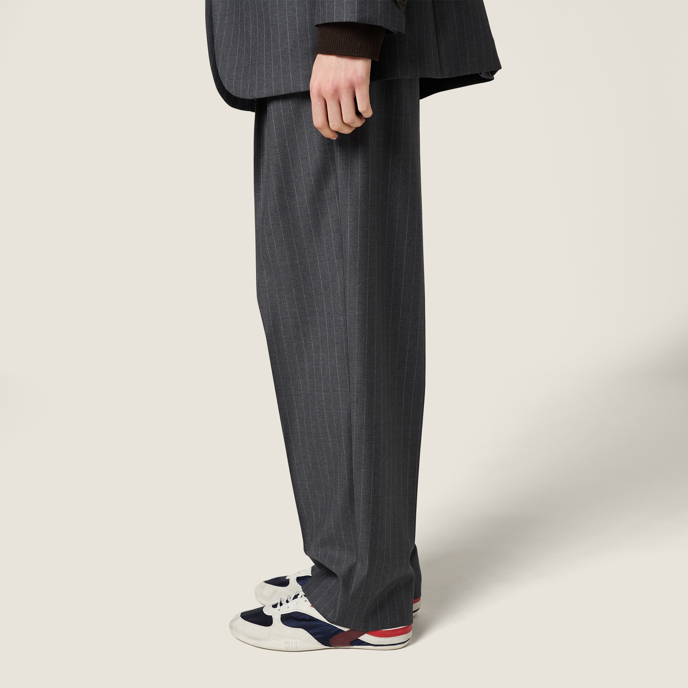Slate Gray Pinstripe Pants | Miu Miu