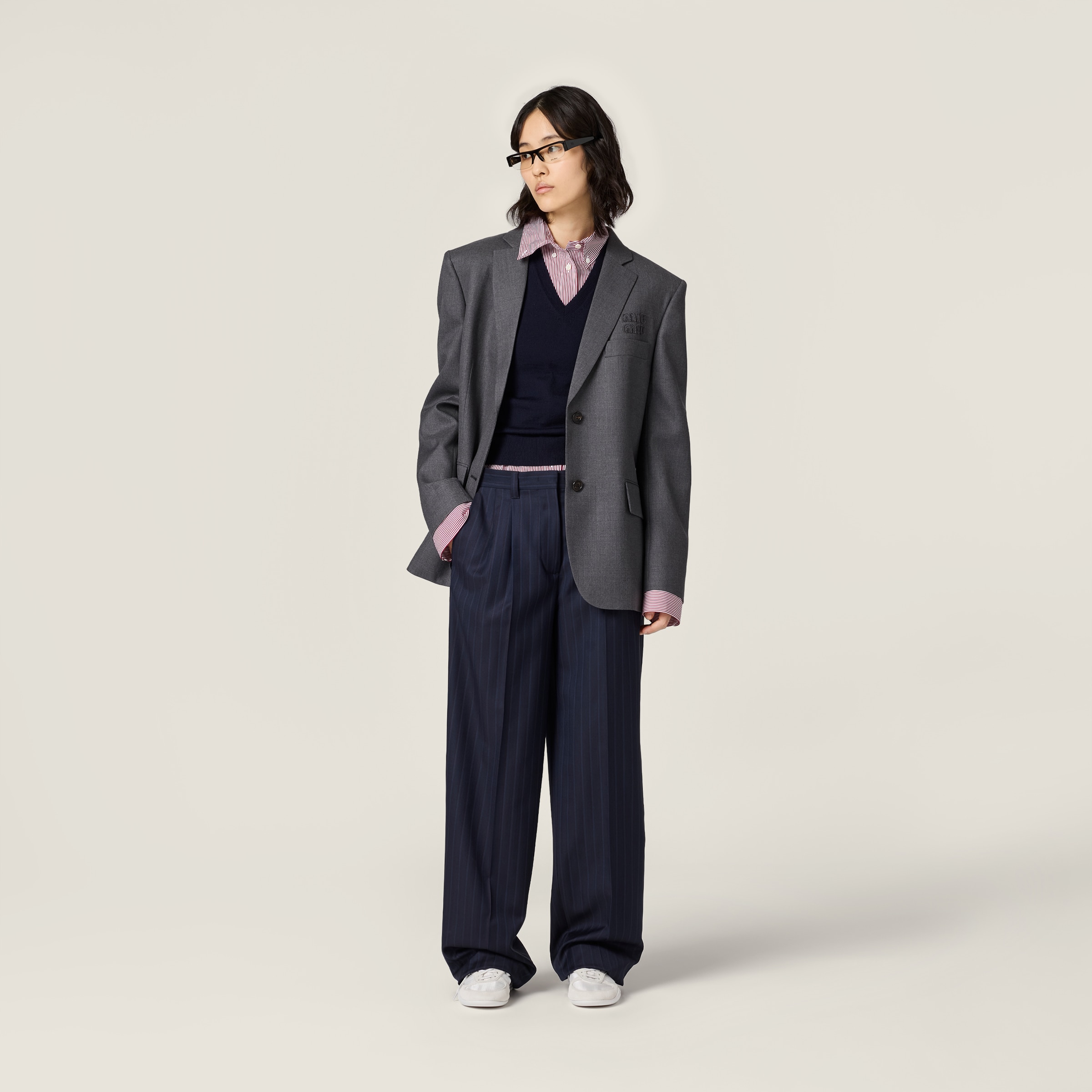 Navy Pinstriped Pants | Miu Miu