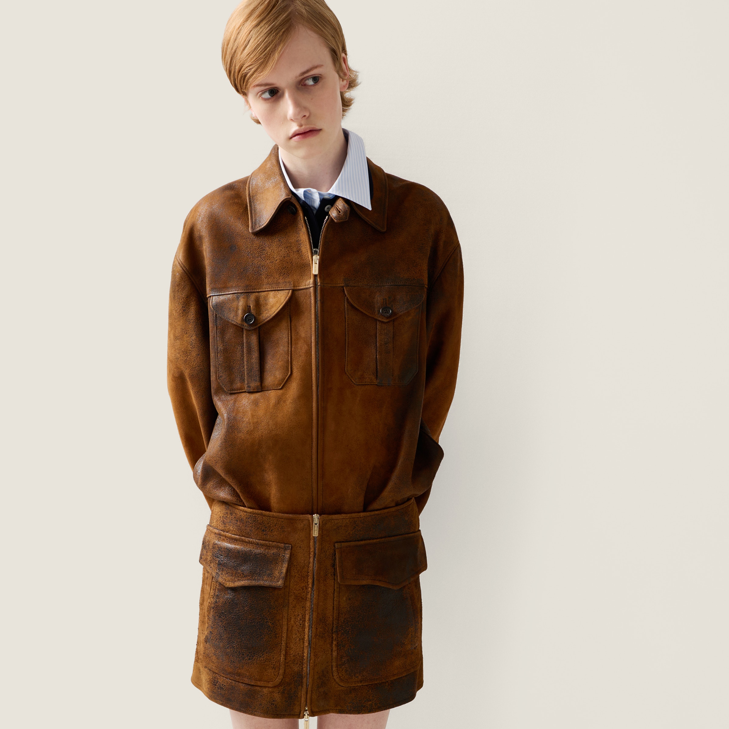 Miu Miu Waxed Suede Leather Jacket In Brown