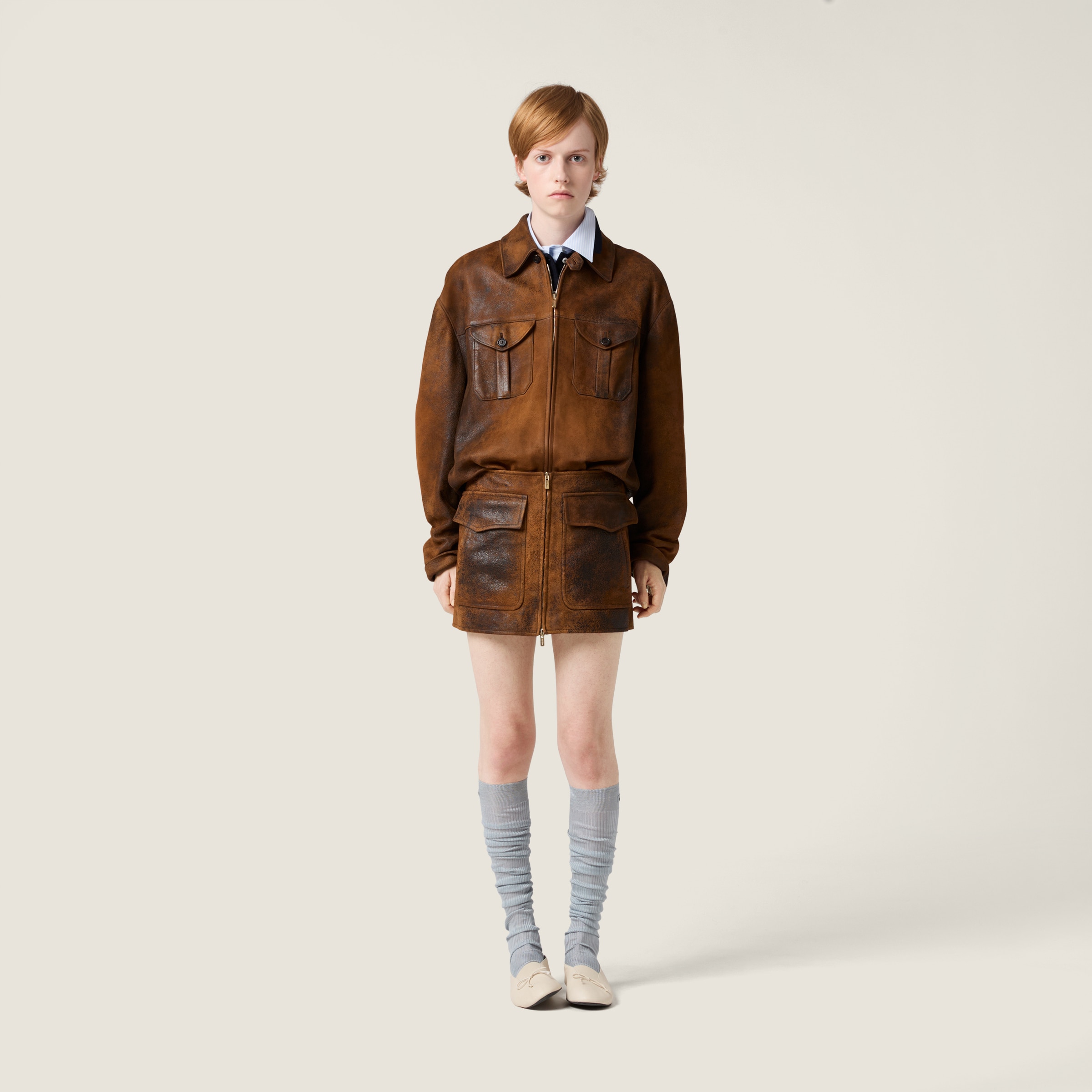 Miu Miu Waxed Suede Leather Jacket In Brown