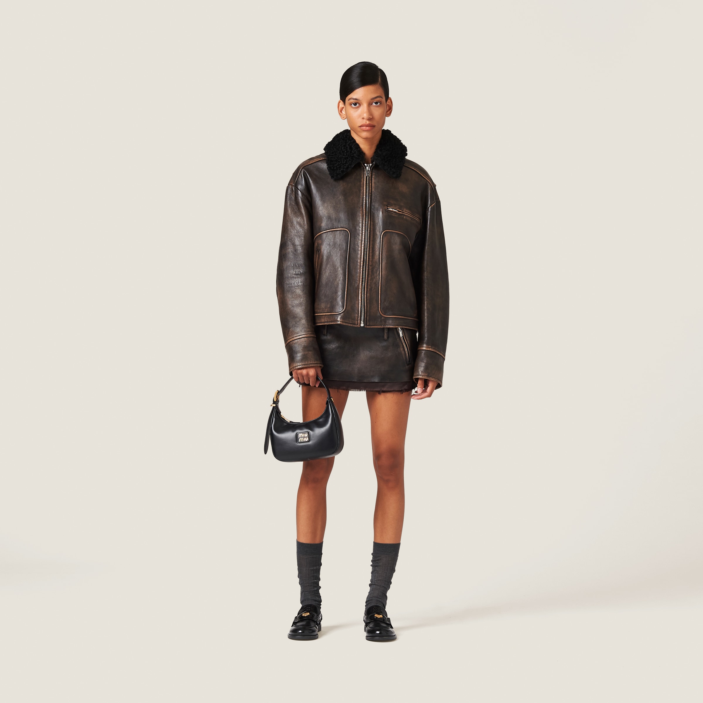 Miu Miu Nappa Leather Skirt In Coffee