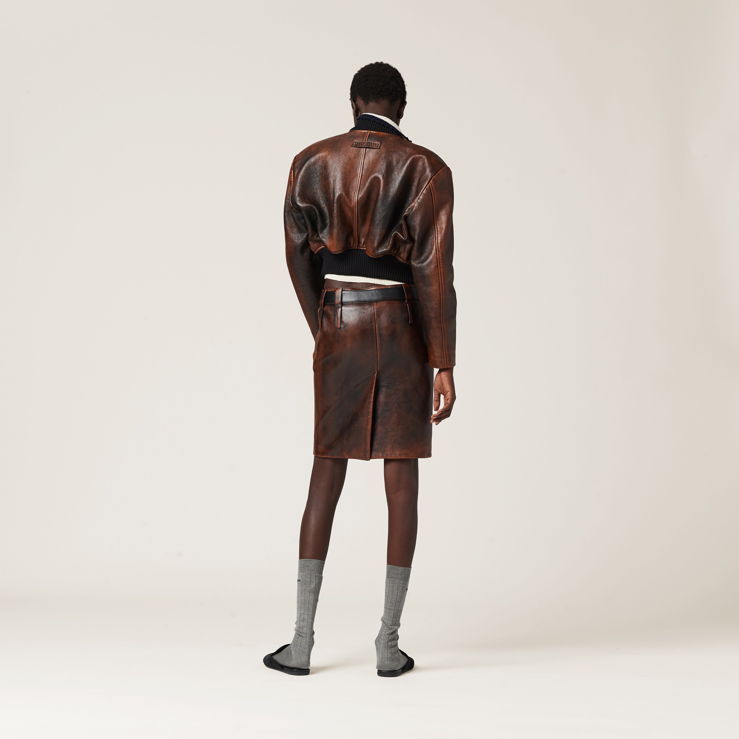 Miu Miu Nappa Leather Skirt In Cognac/black