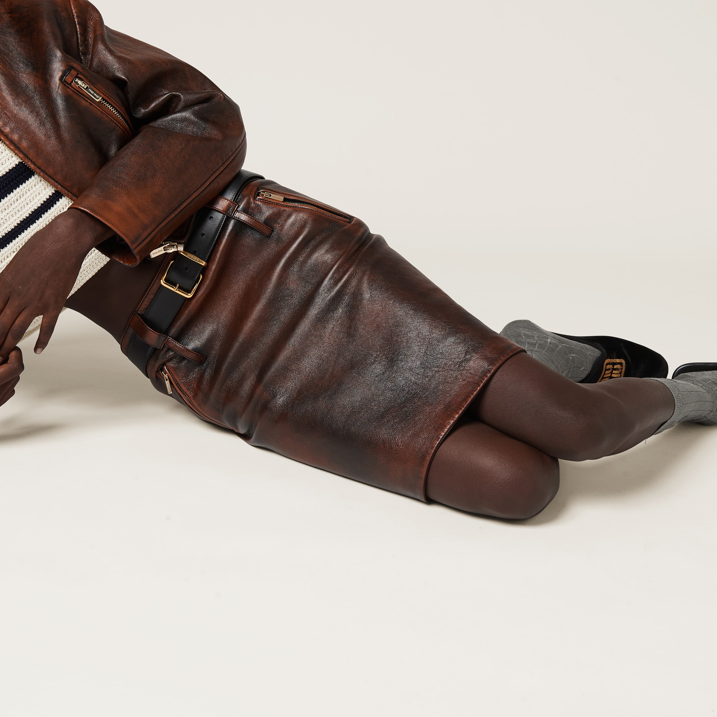 Miu Miu Nappa Leather Skirt In Cognac/black