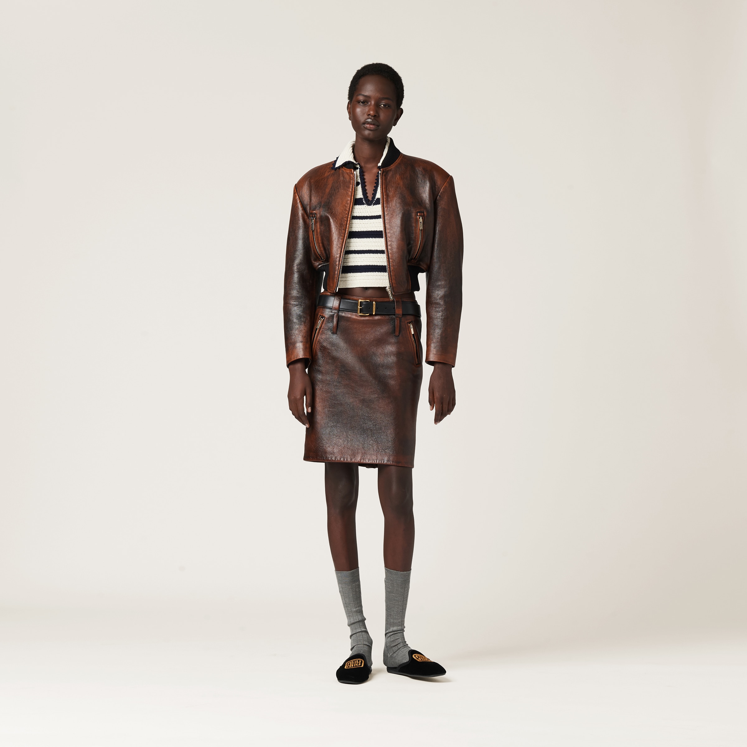 Miu Miu Nappa Leather Skirt In Cognac/black