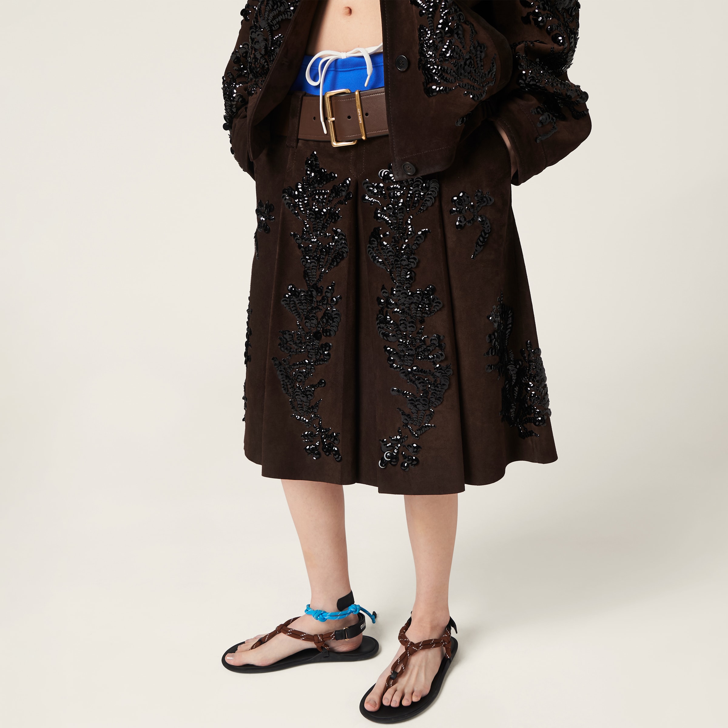 Miu Miu Suede Skirt With Embroidery In Dark Brown