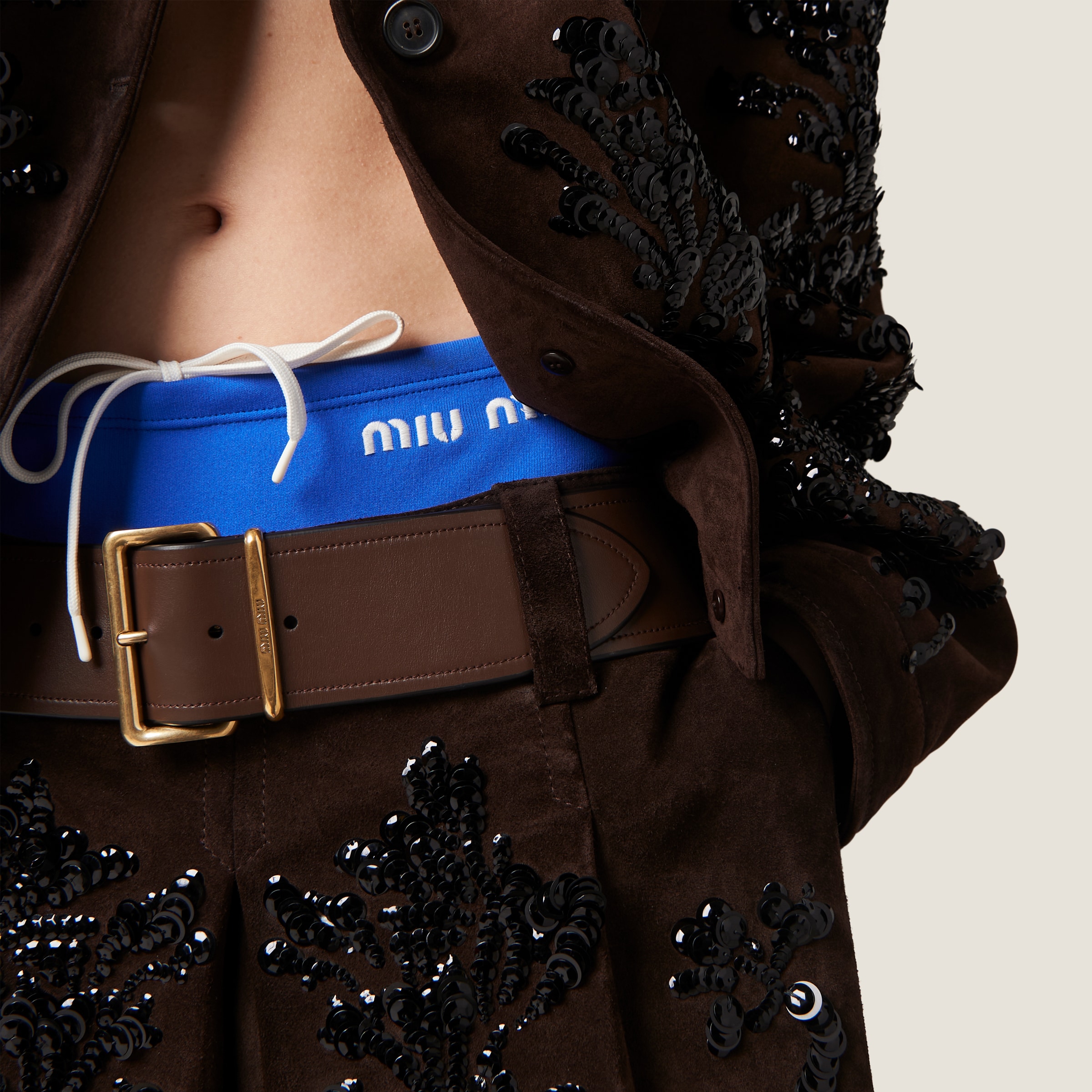 ダークブラウン 刺繍入り スエード スカート | Miu Miu