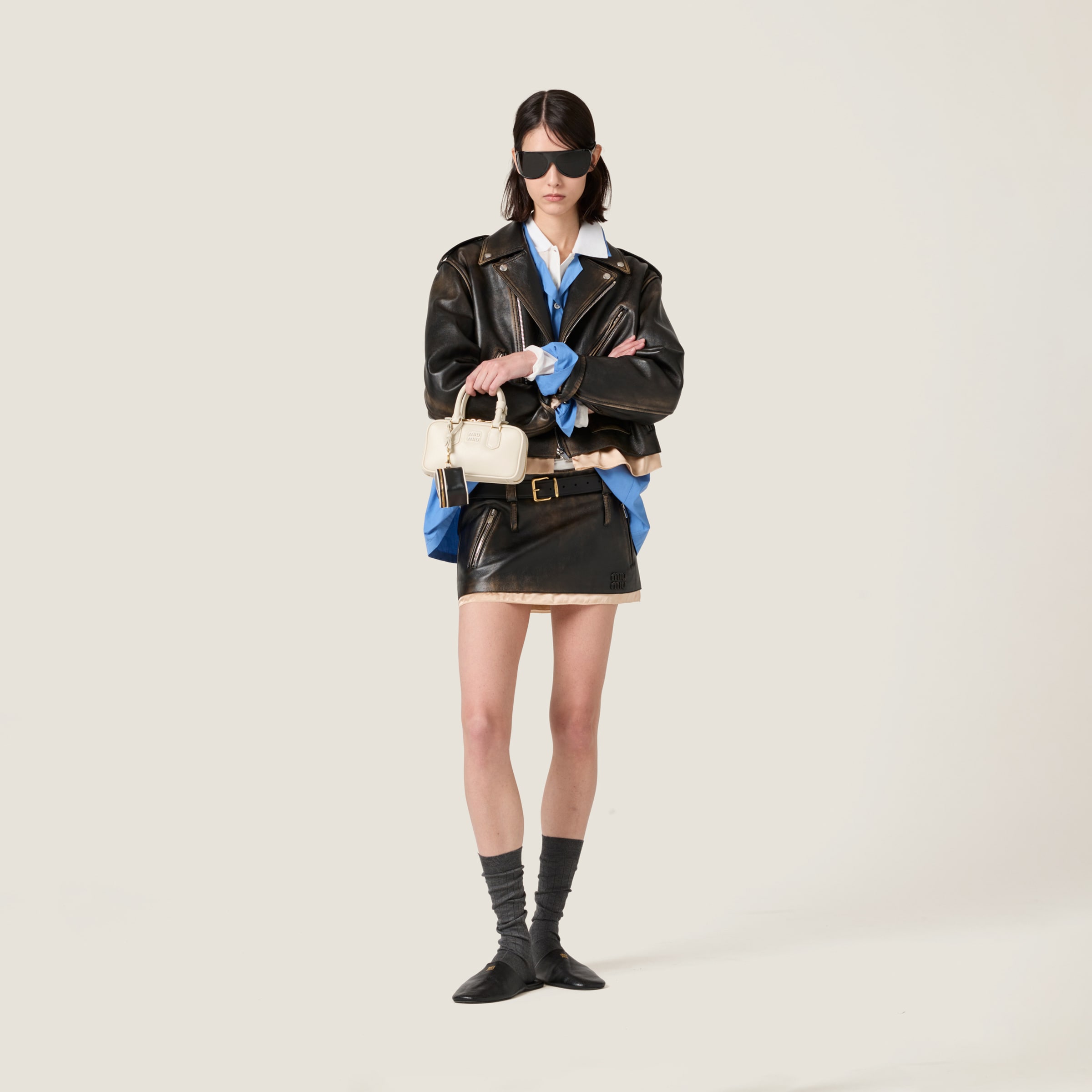 Miu Miu Nappa Leather Skirt In Mustard/black