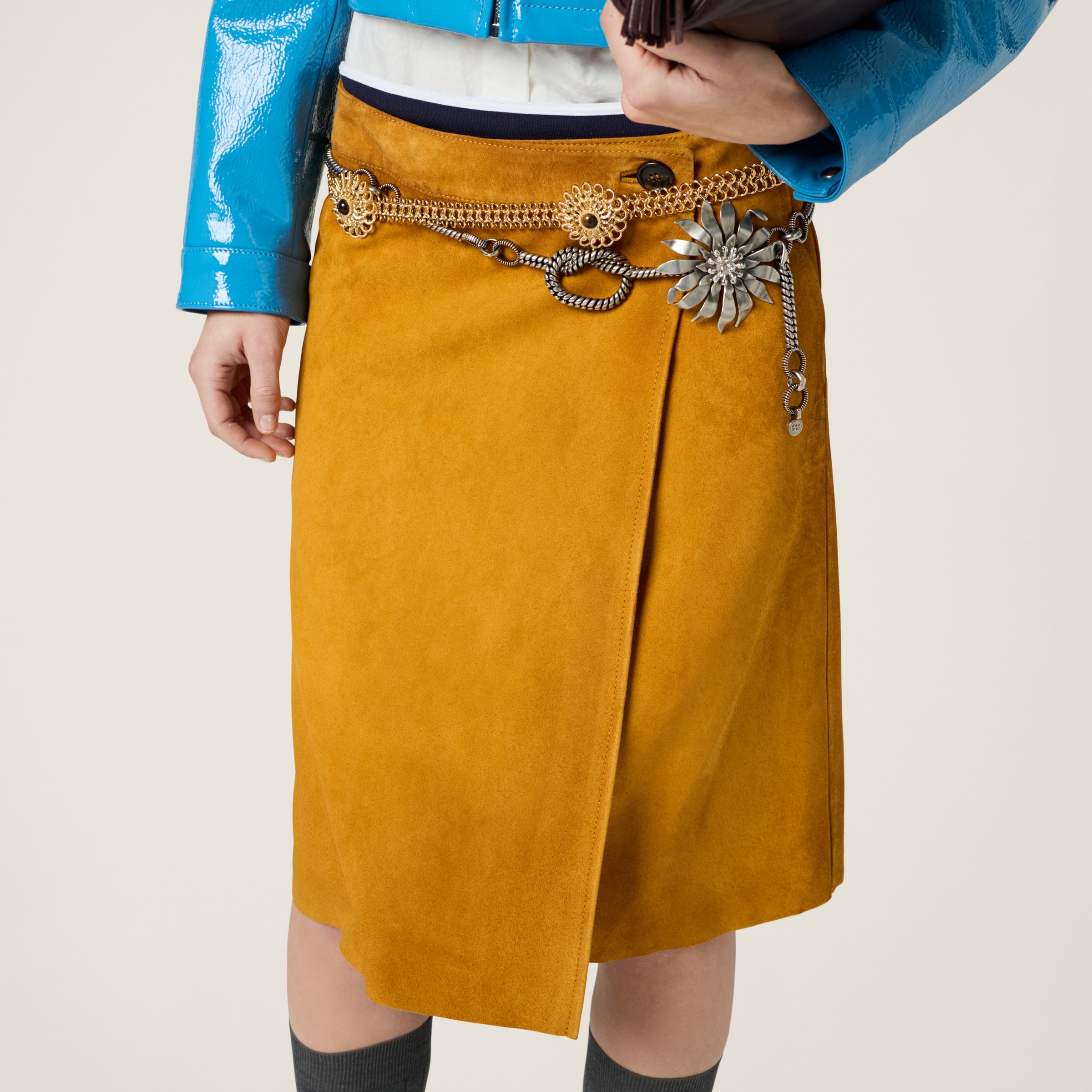 Miu Miu Suede Wraparound Skirt In Whiskey