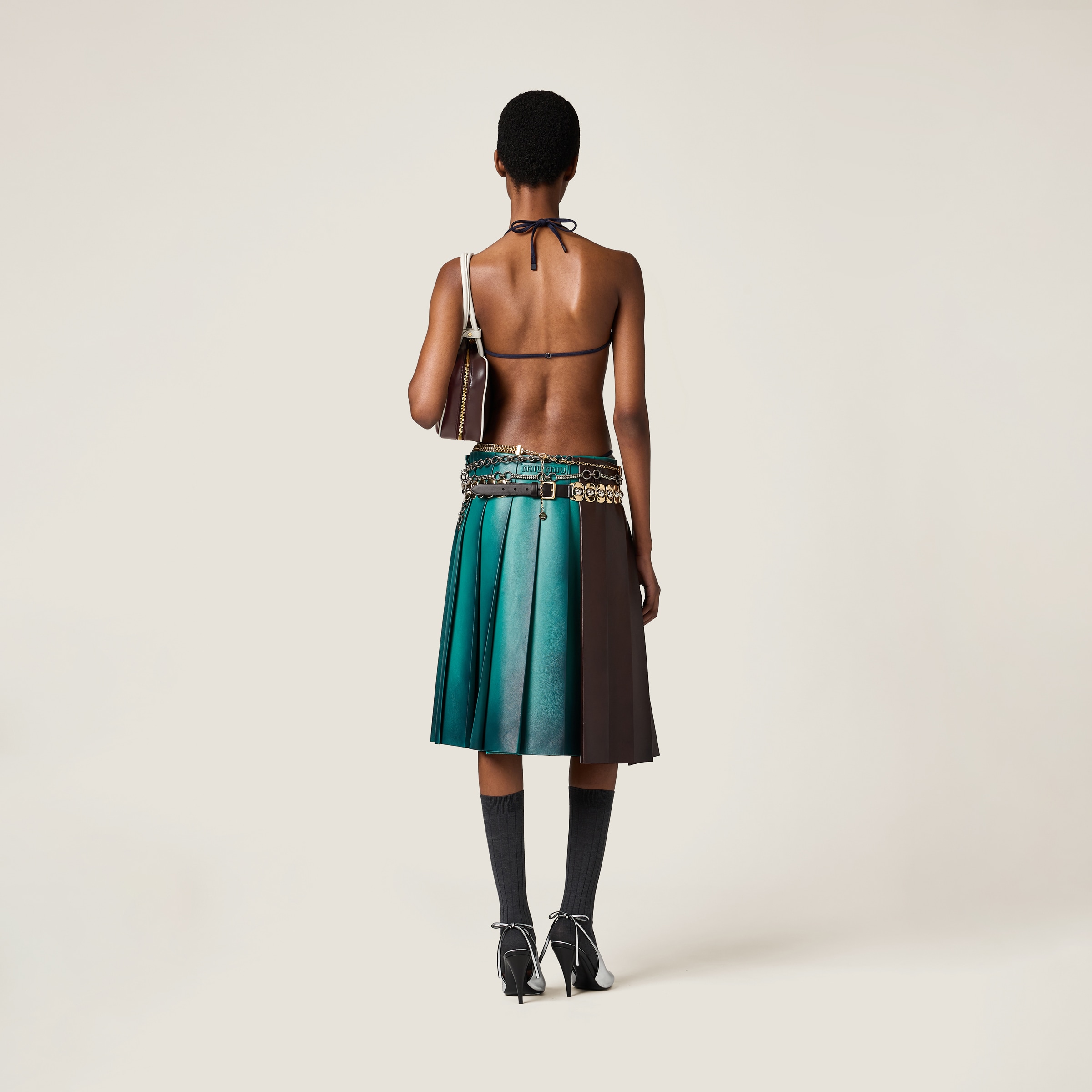 Miu Miu Pleated Nappa Leather Skirt In Absinthe