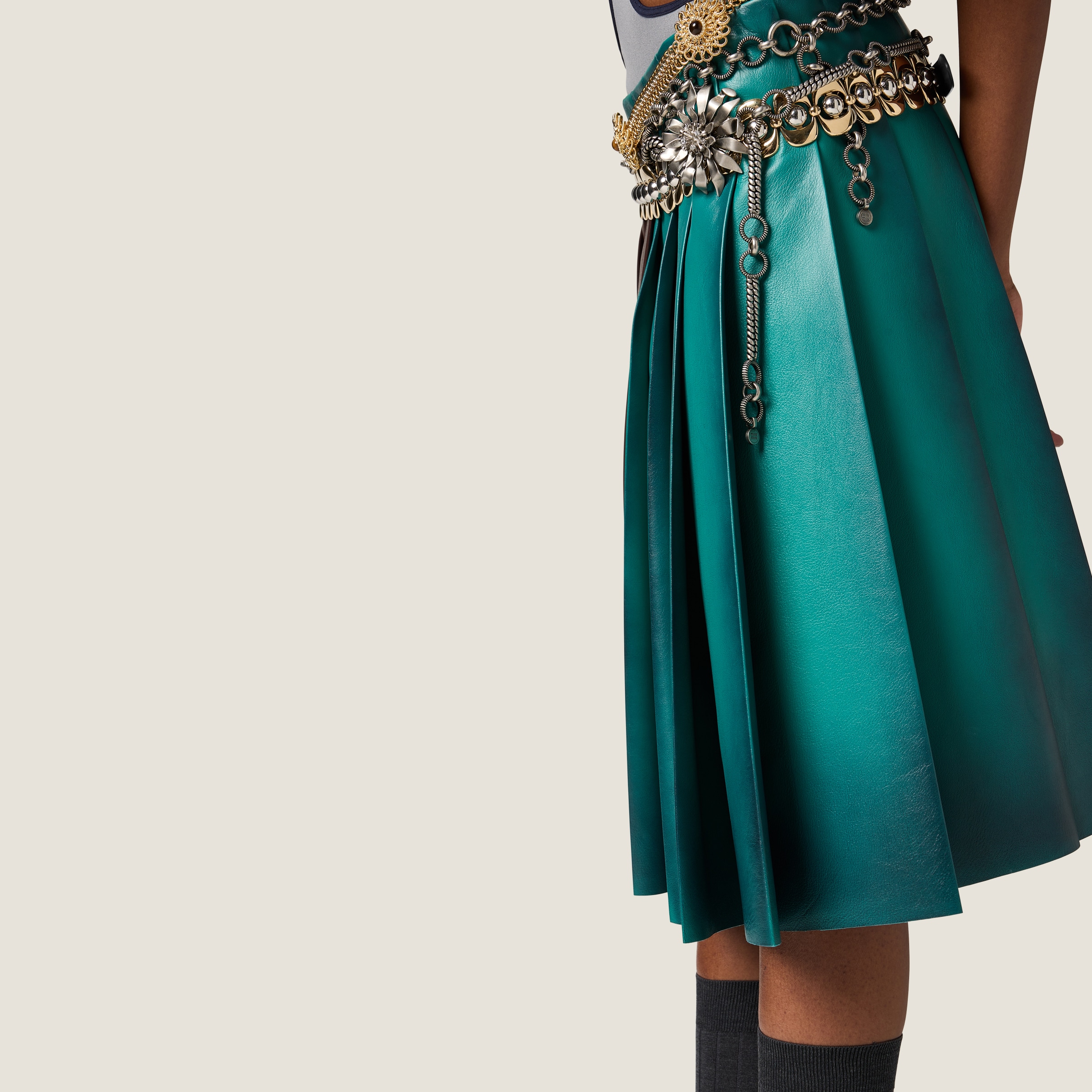 Miu Miu Pleated Nappa Leather Skirt In Absinthe