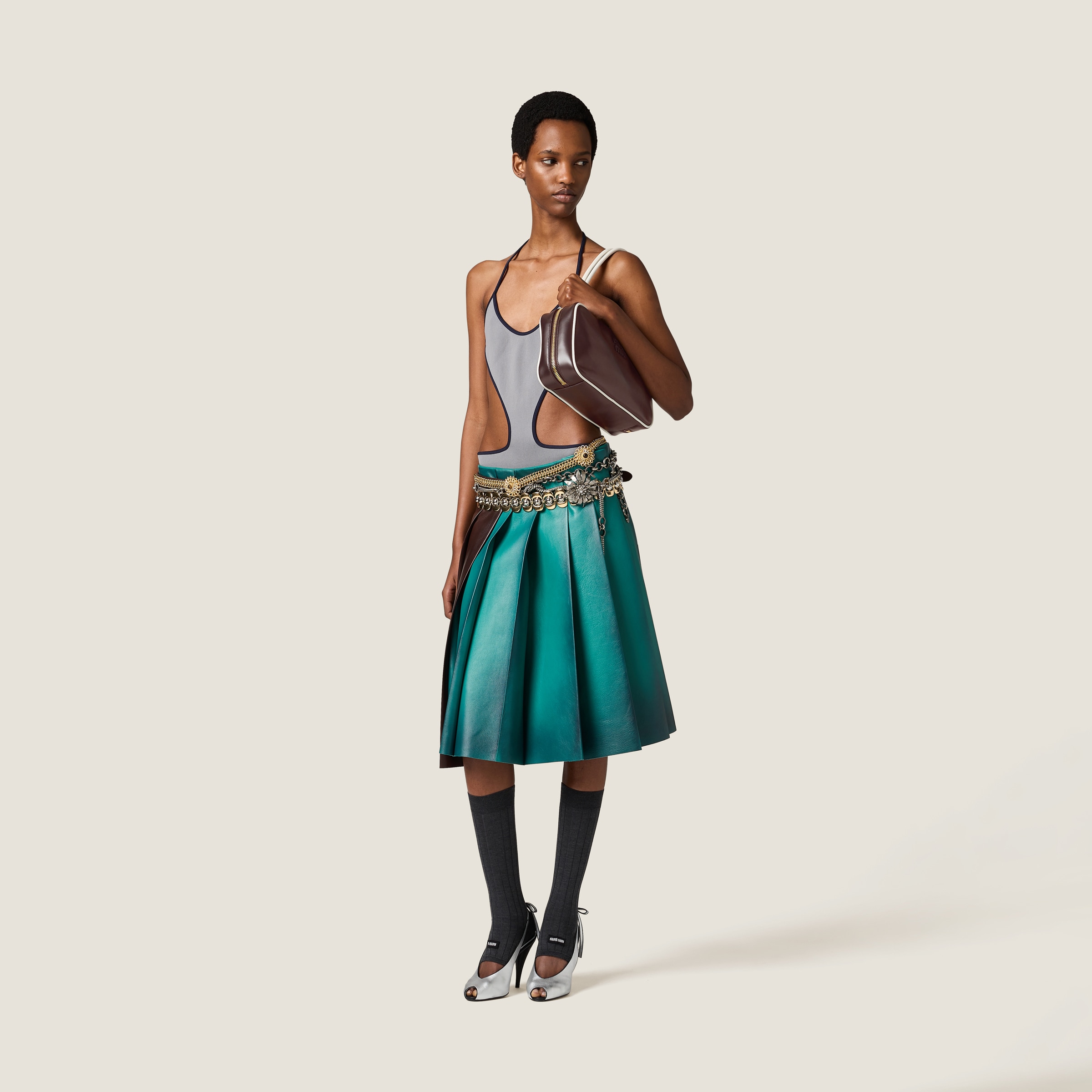 Miu Miu Pleated Nappa Leather Skirt In Absinthe