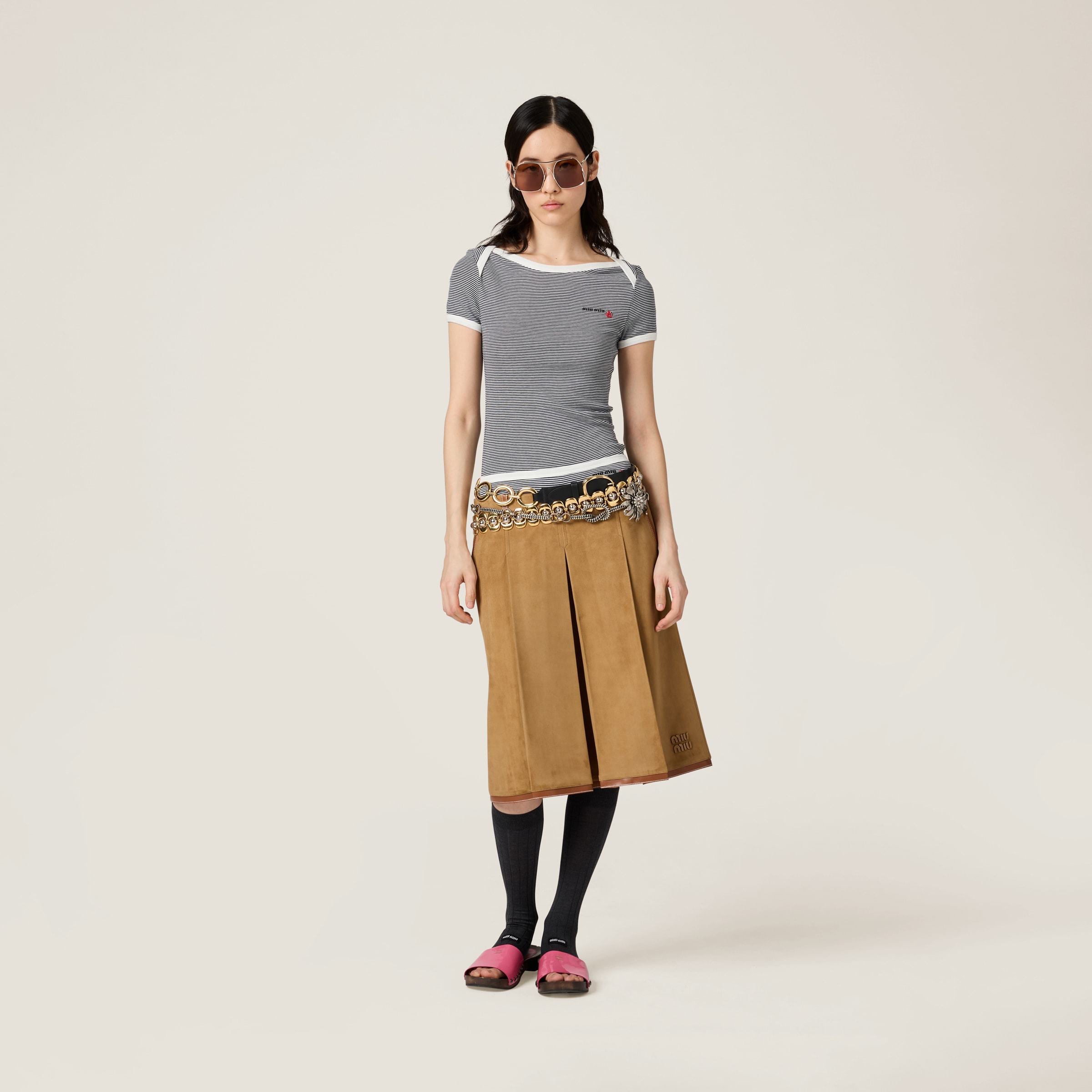 Malt Beige Pleated Suede Skirt | Miu Miu