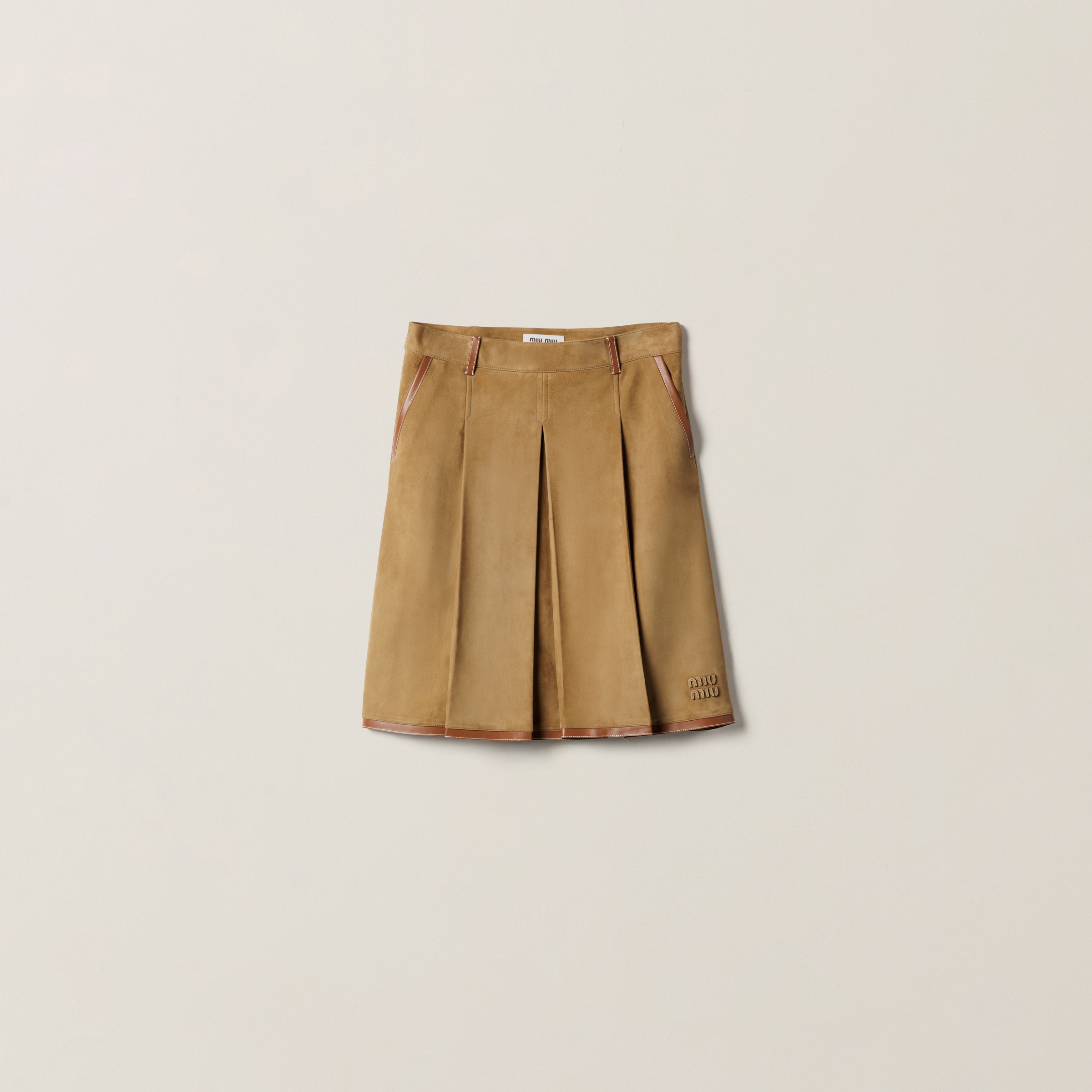 Malt Beige Pleated Suede Skirt | Miu Miu