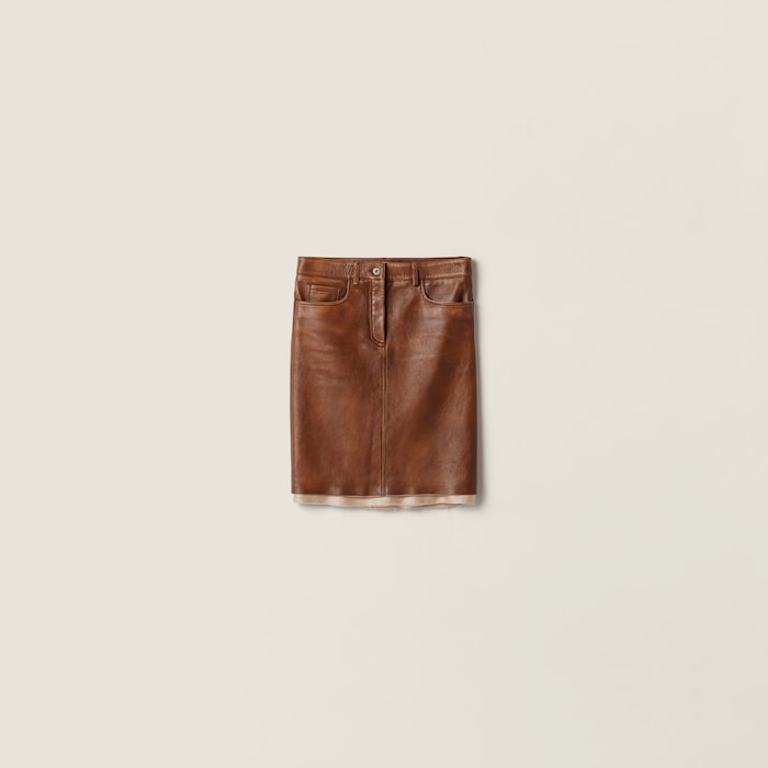 【完売必至】Miu Miu キャンバス レザー ミディ スカート Beige/cognac Canvas Skirt | Miu Miu