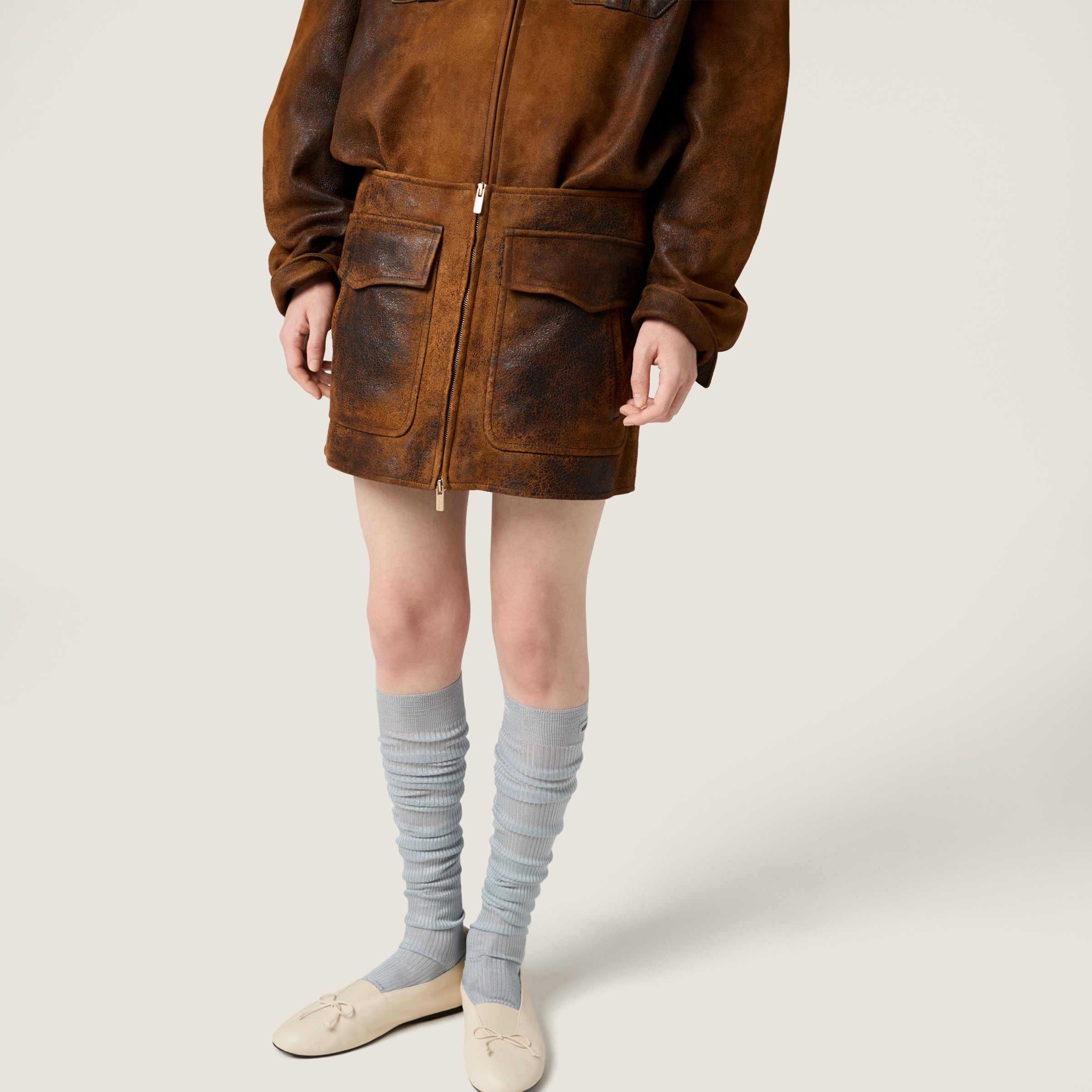 Miu Miu Waxed Suede Leather Mini-skirt In Brown