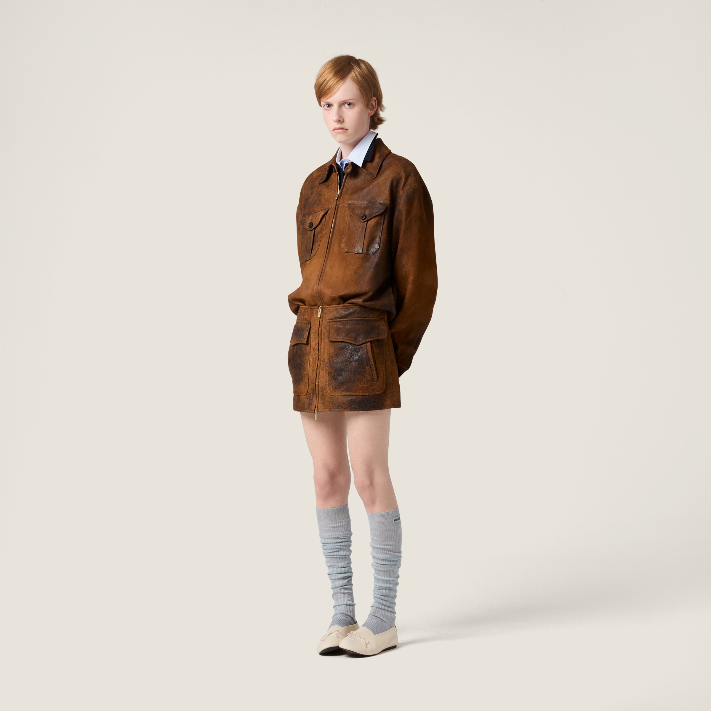 Miu Miu Waxed Suede Leather Mini-skirt In Brown