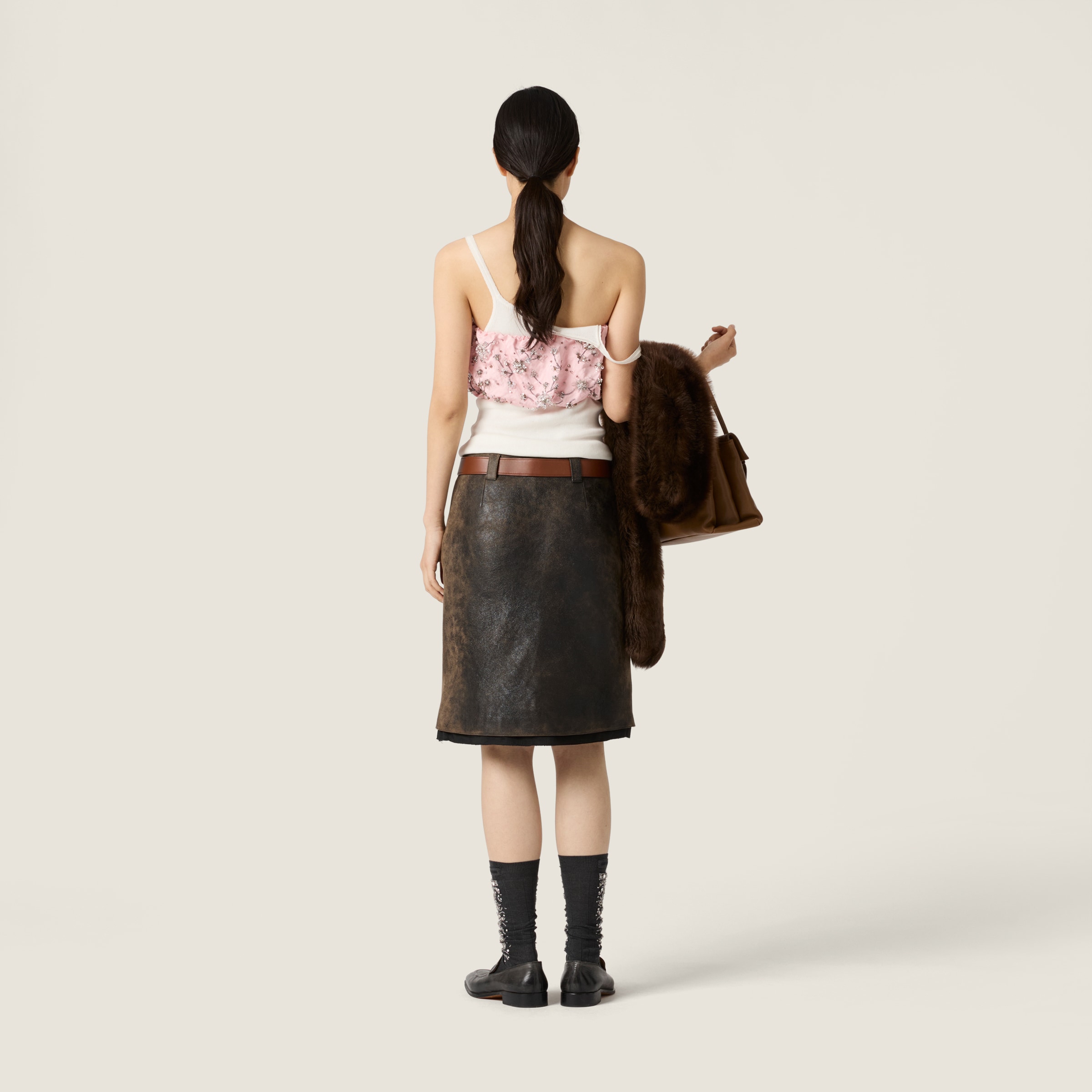 Miu Miu Waxed Suede Leather Skirt In Black