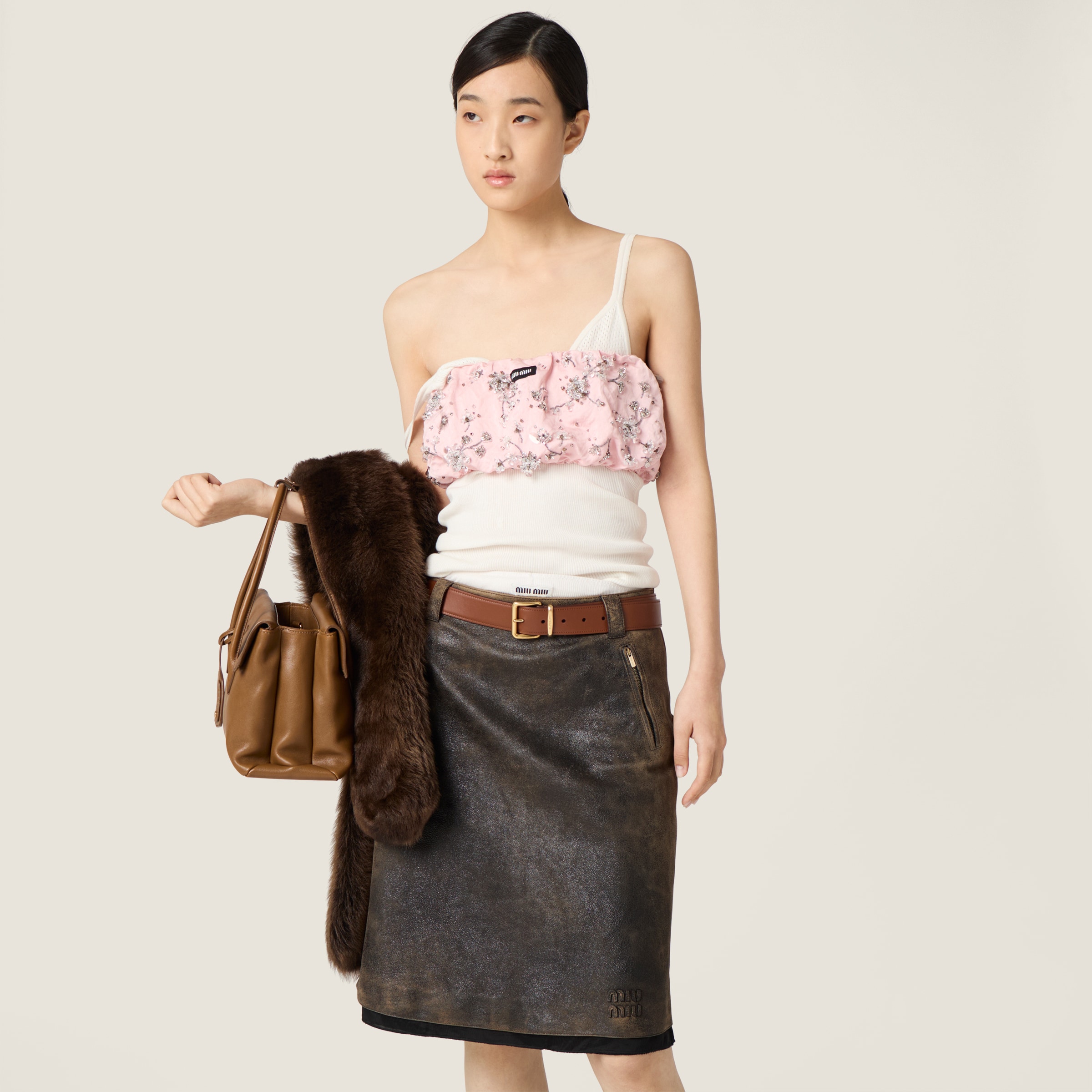 Miu Miu Waxed Suede Leather Skirt In Black