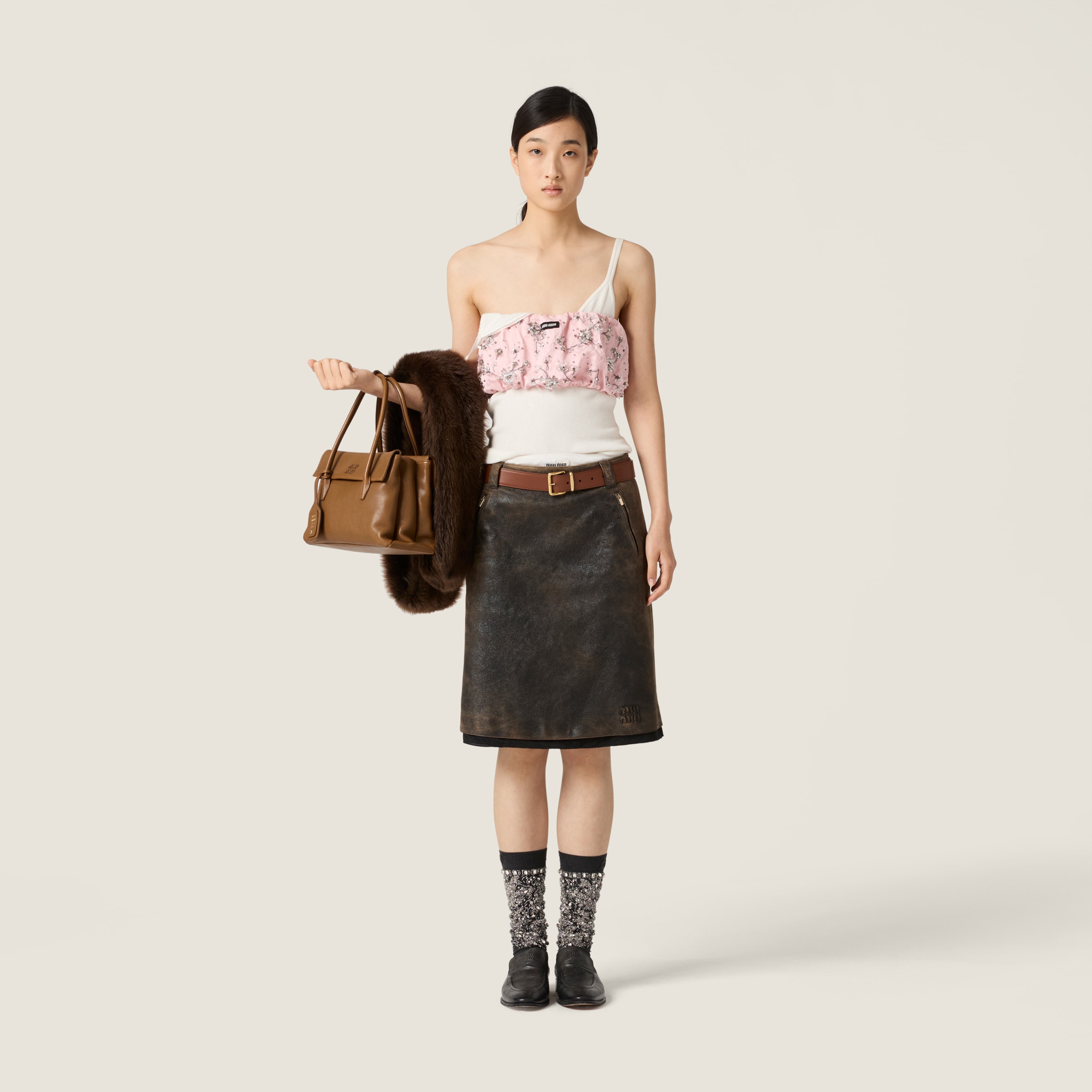 Miu Miu Waxed Suede Leather Skirt In Black