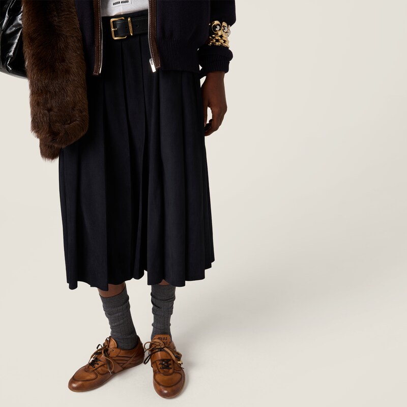 Pleated waxed suede skirt