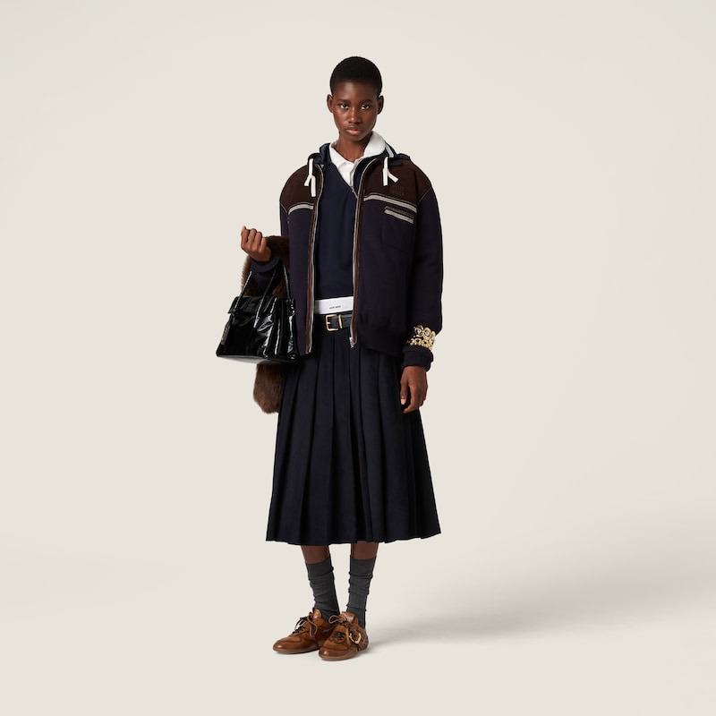 Pleated waxed suede skirt