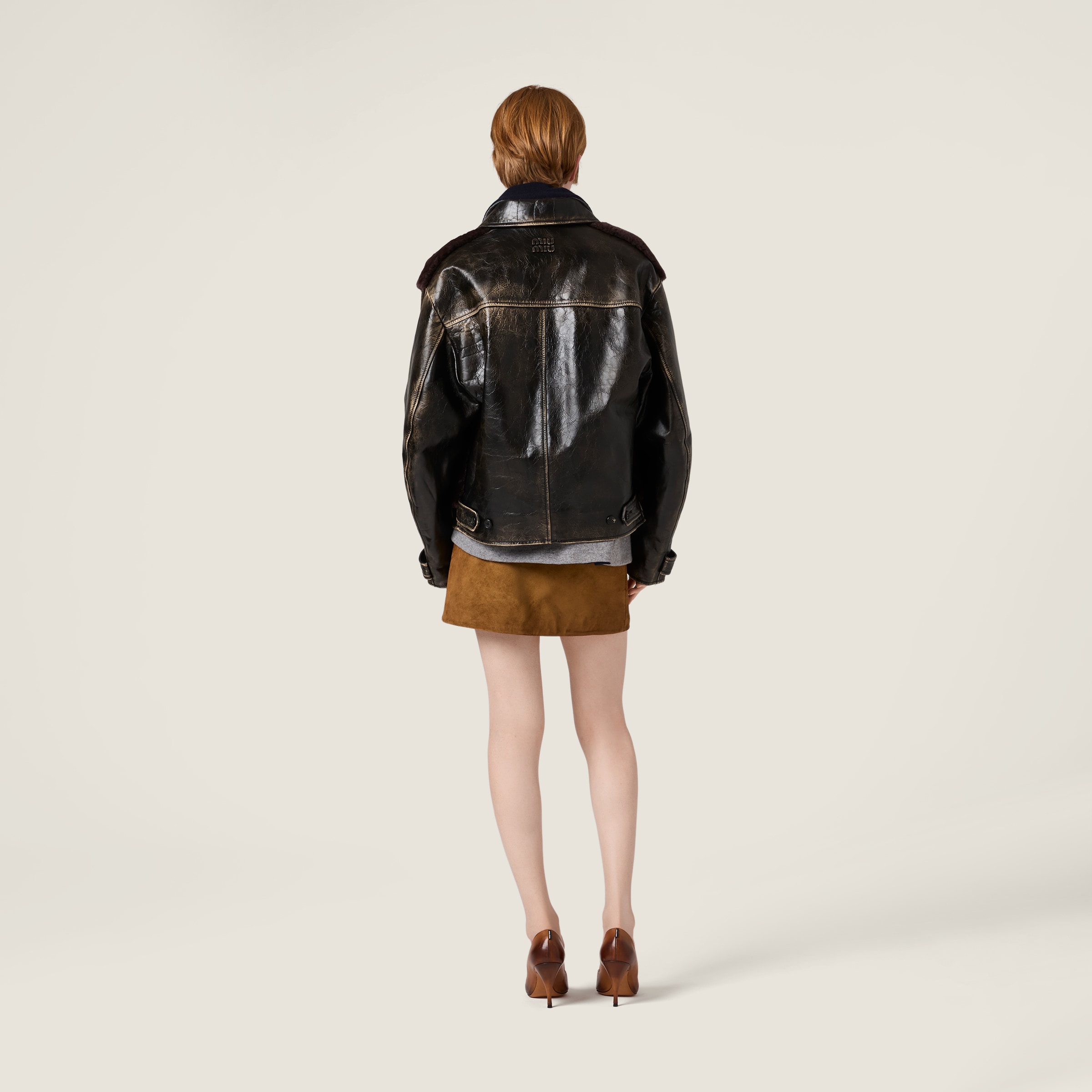 Miu Miu Waxed Suede Leather Miniskirt In Brown
