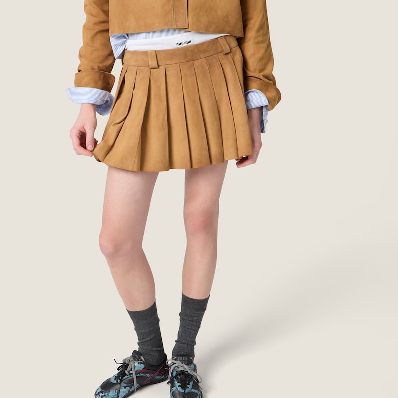 Pleated waxed suede mini-skirt